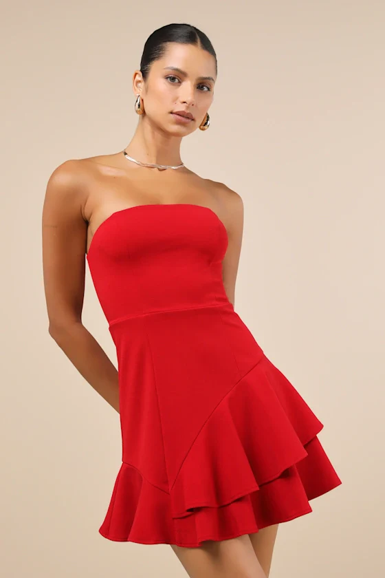 Sultry Intentions Red Strapless Ruffled Mini Dress
