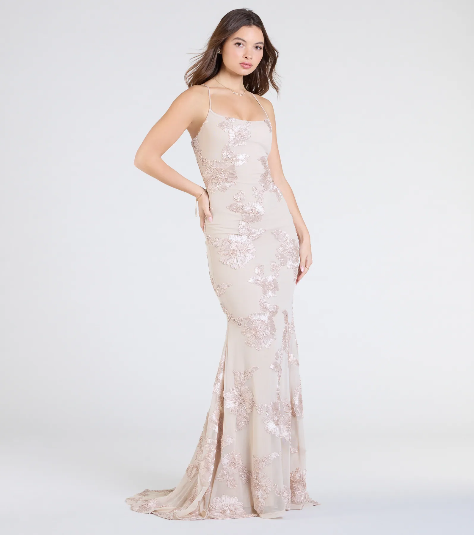 Gabi Lace-Up Floral Trim Mermaid Formal Dress