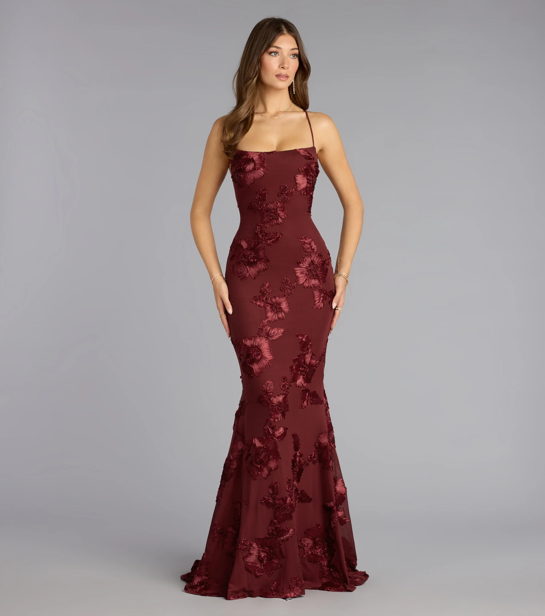 Gabi Lace-Up Floral Trim Mermaid Formal Dress