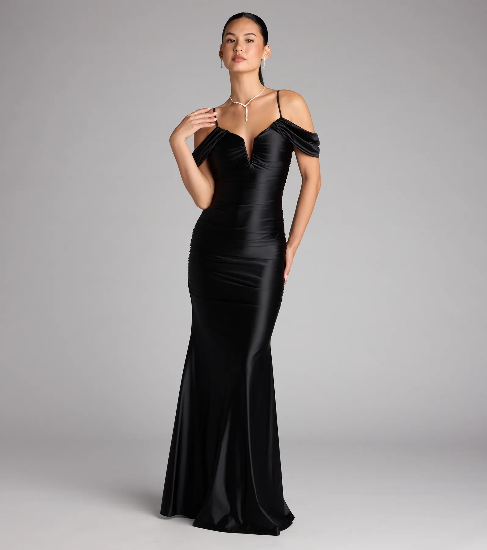 Jelene Cold-Shoulder Mermaid Satin Formal Dress