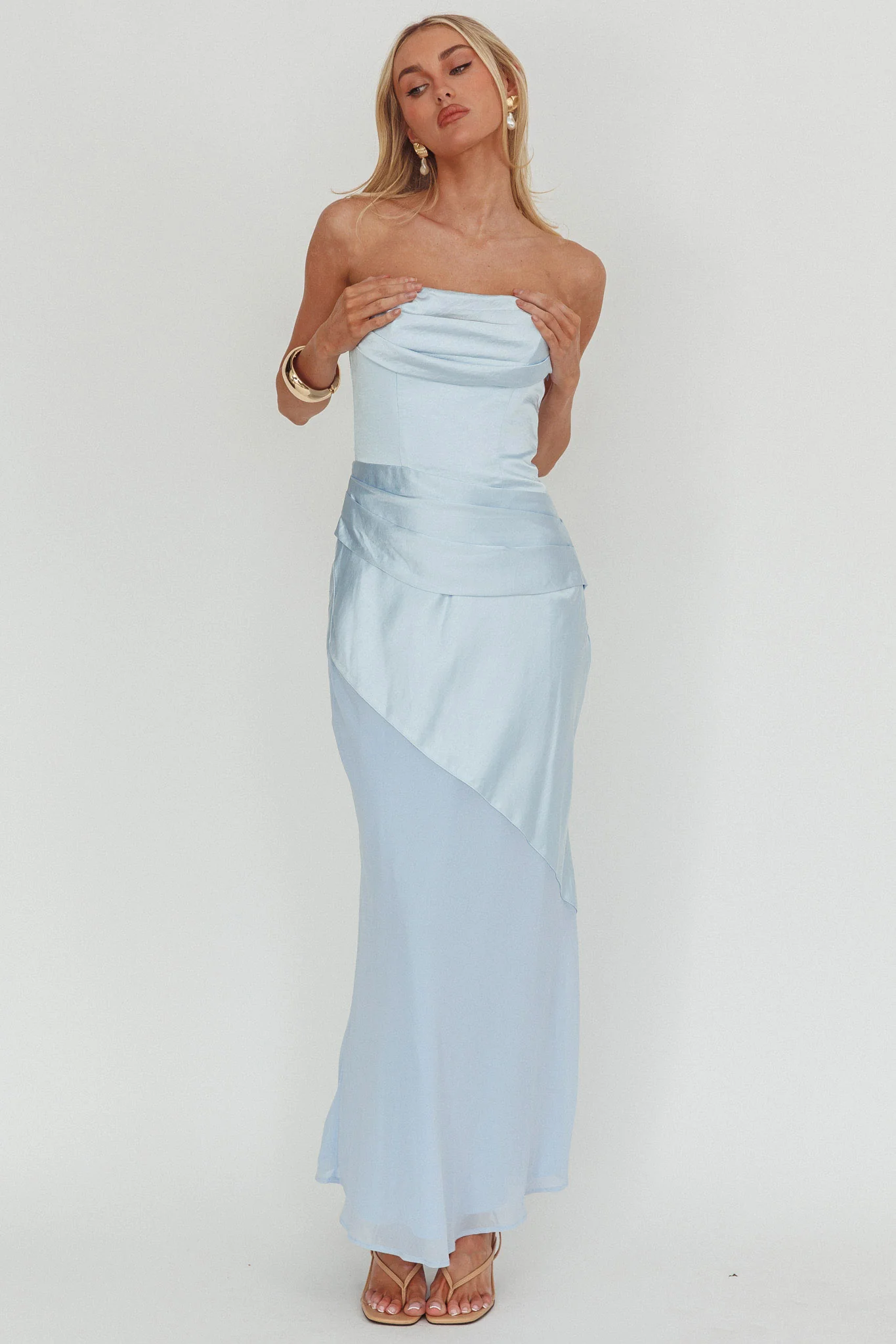 Moon Aura Pleat Detail Strapless Maxi Dress Blue