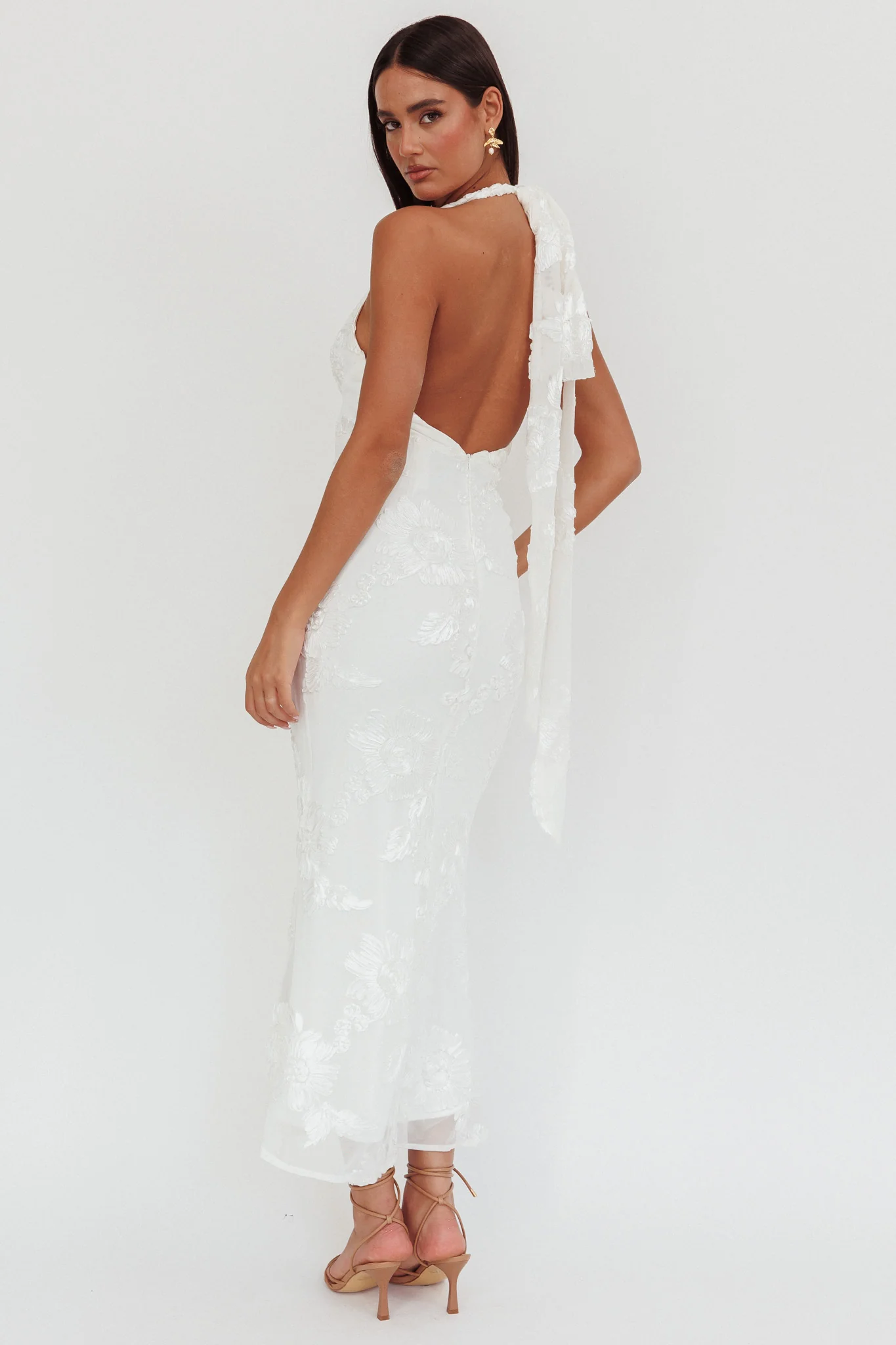 Cipriana Backless Halter Maxi Dress Embellished White