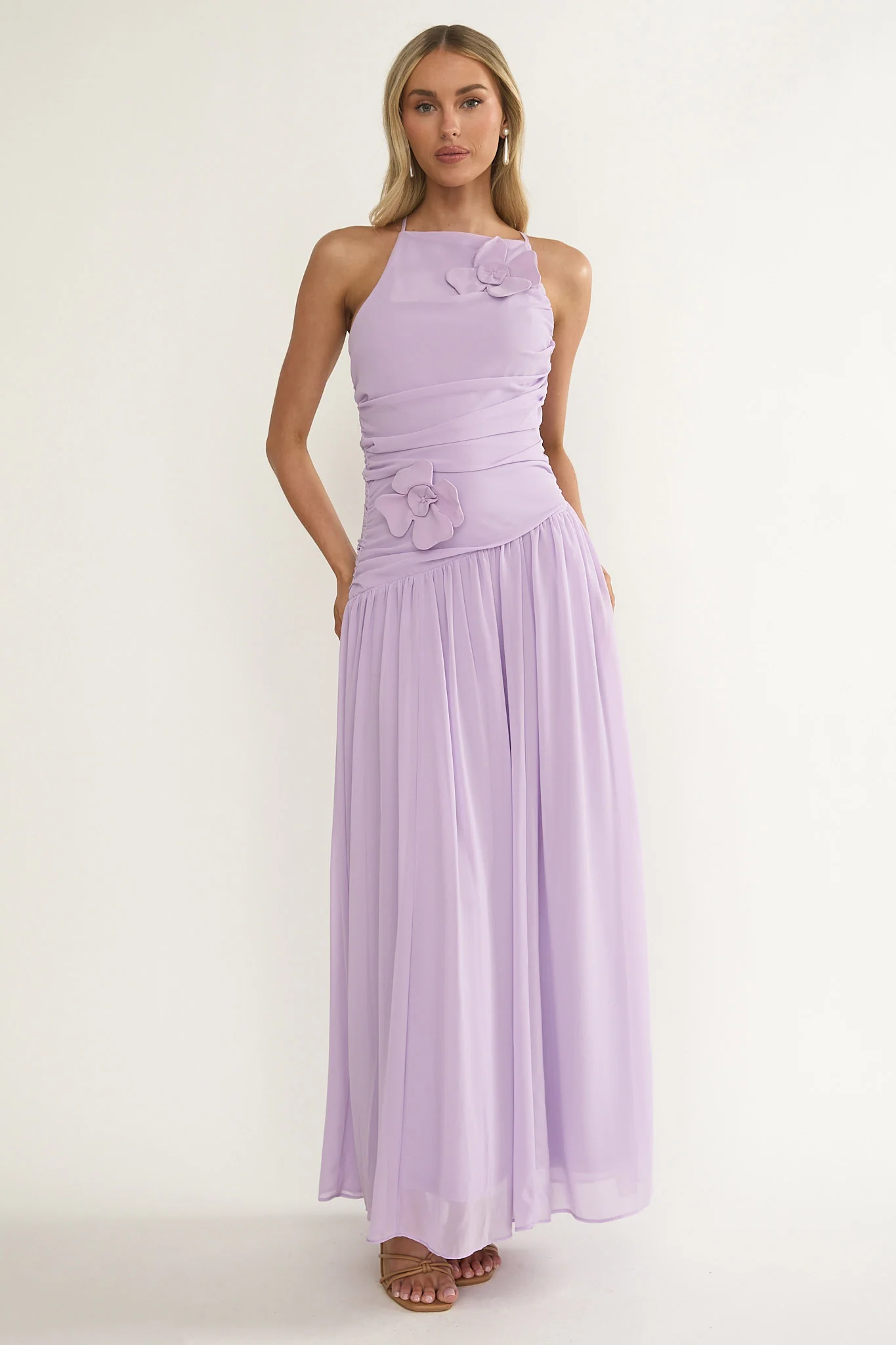 Brighten Drop Waist Flower Accent Maxi Dress Lilac