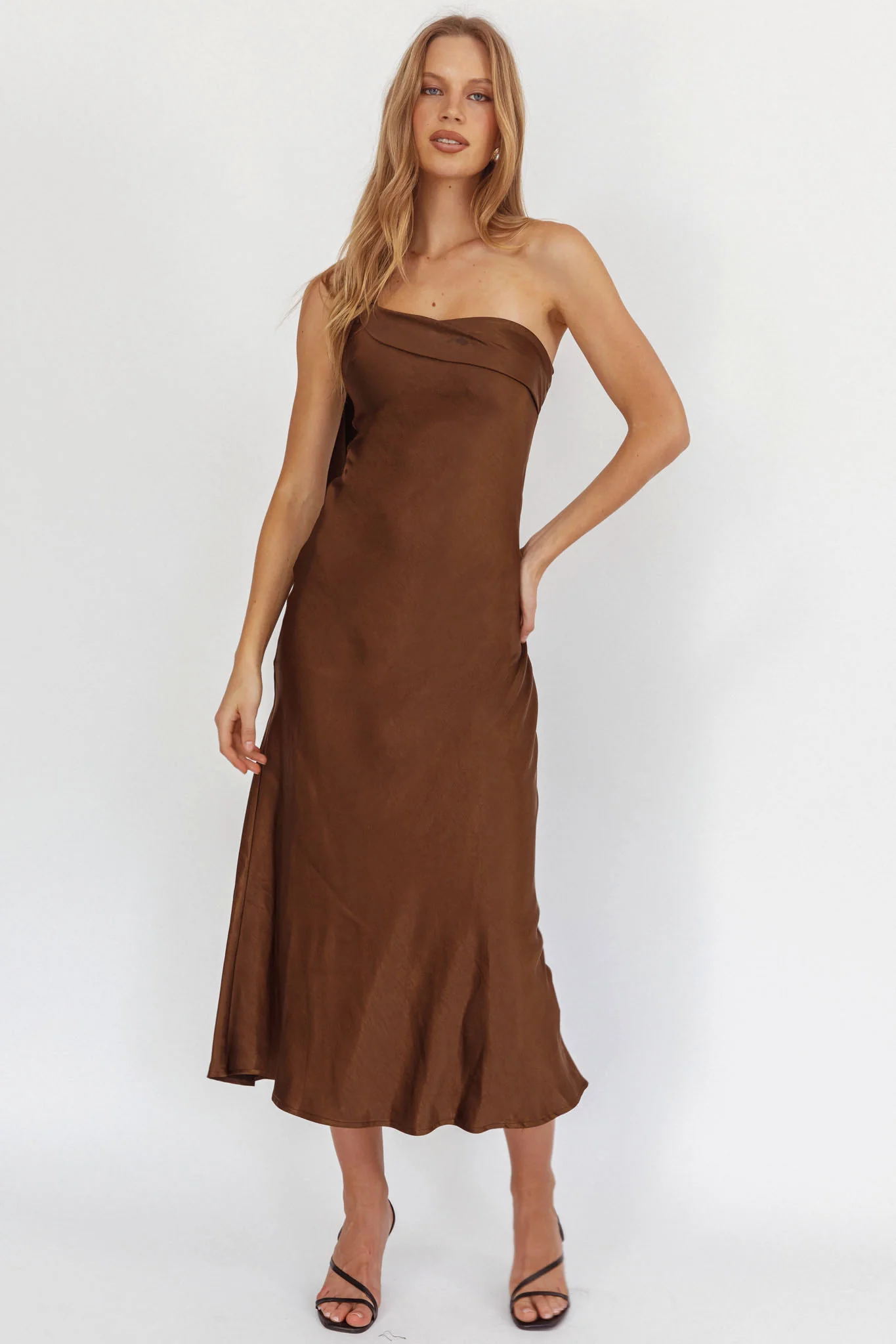 Carmel One-Shoulder Sash Maxi Dress Chocolate