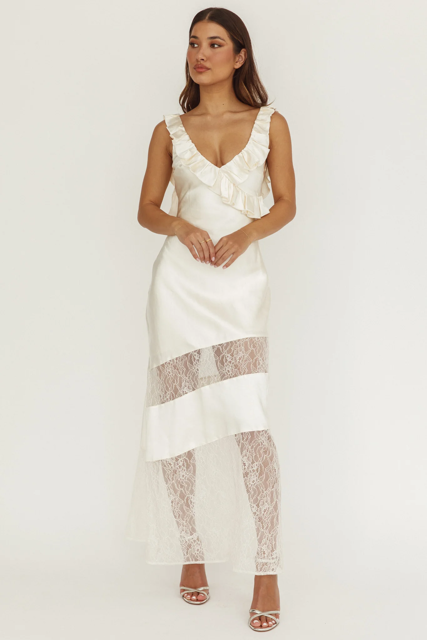 Alba Frill & Lace Trim Maxi Dress Oyster