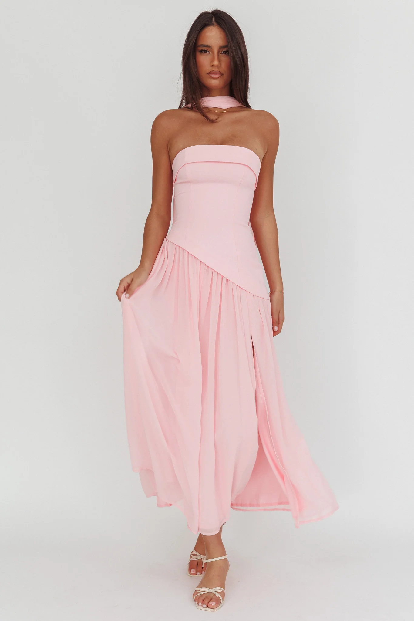 Mariabella Asymmetric Bodice Maxi Dress Pink