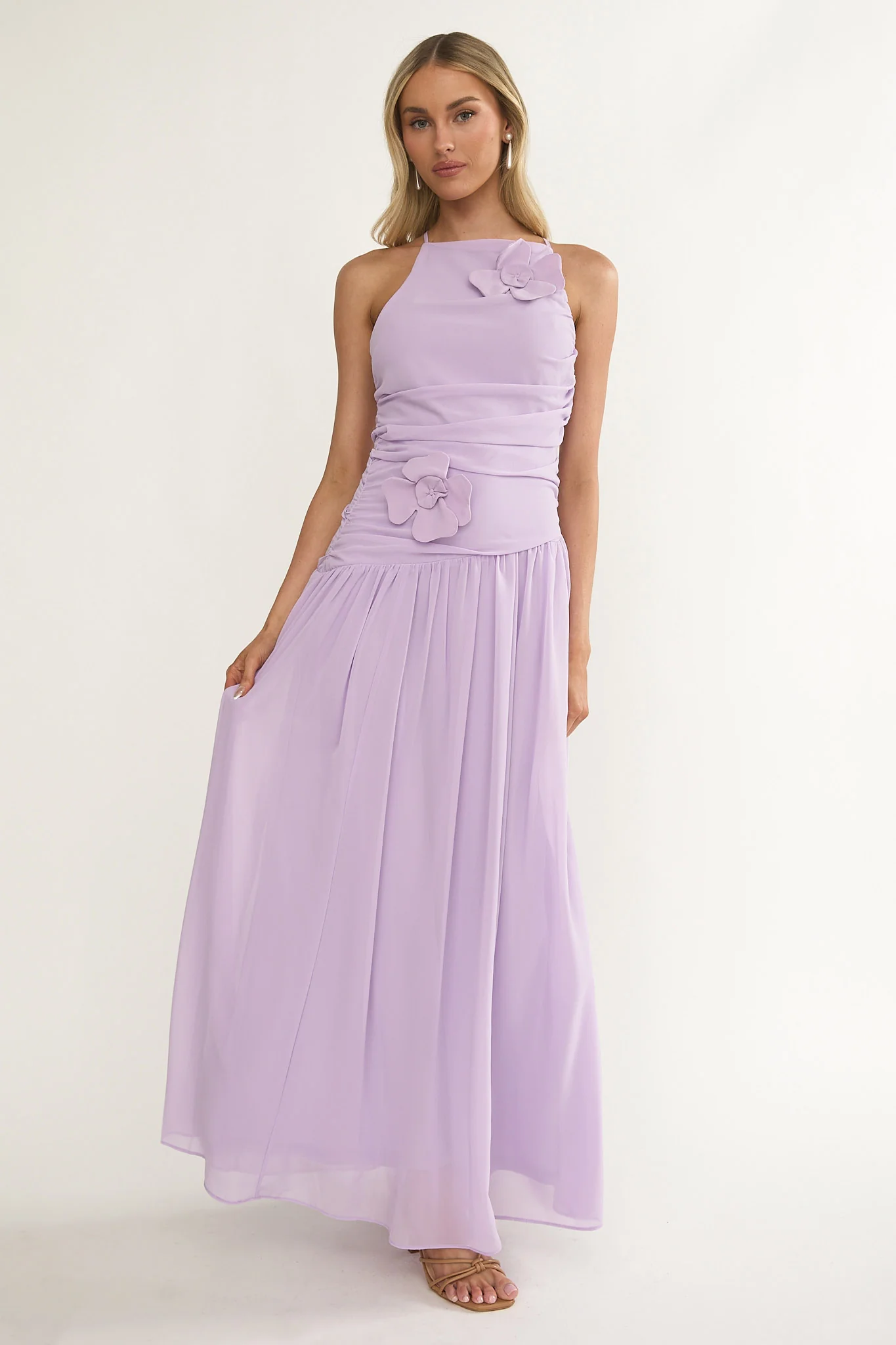 Brighten Drop Waist Flower Accent Maxi Dress Lilac