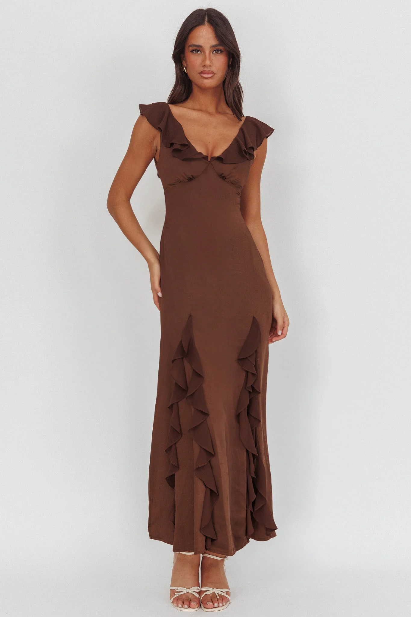 Zerai Ruffle Trimmed Maxi Dress Chocolate