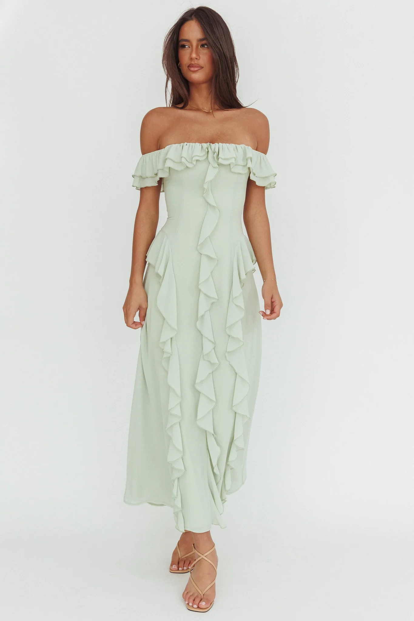 Scarlet Off-Shoulder Ruffle Trim Maxi Dress Sage