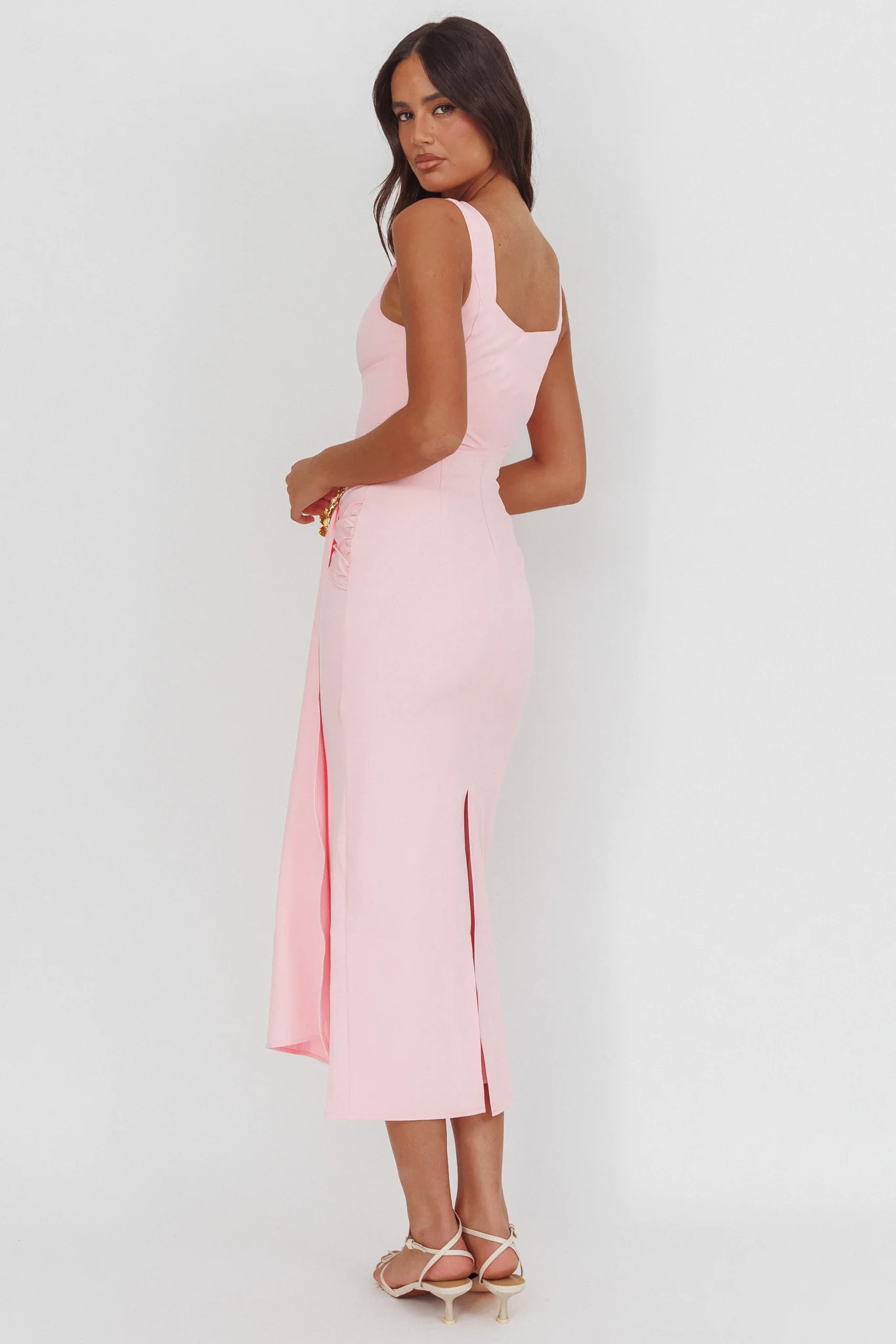 Zimora Gold Buckle Waist Drape Maxi Dress Pink