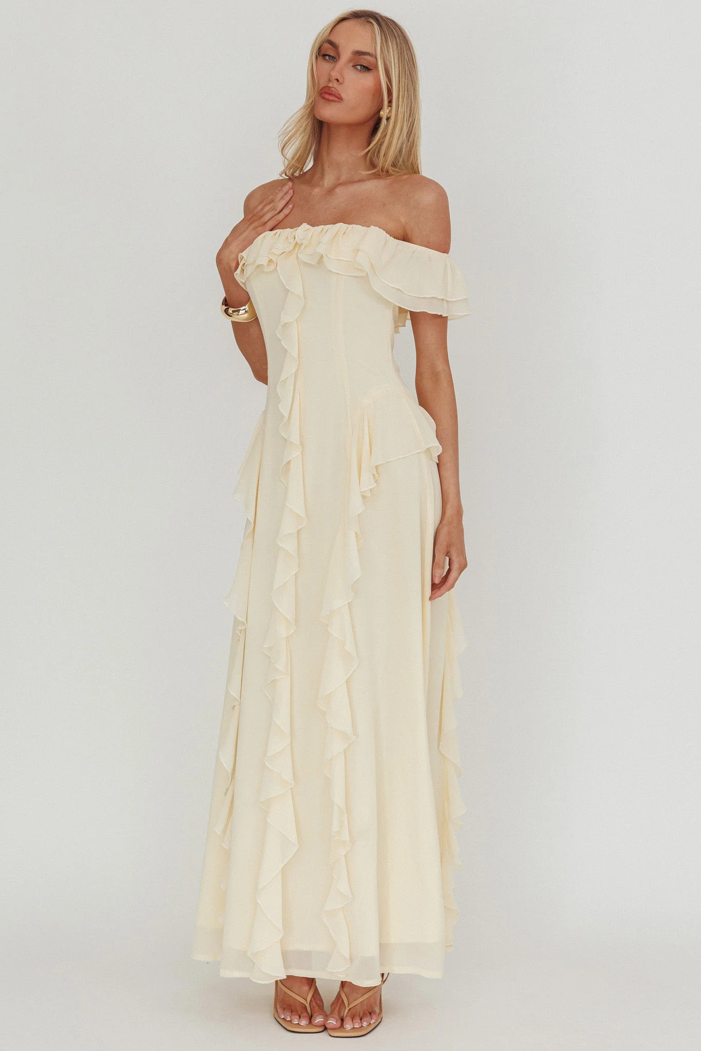 Scarlet Off-Shoulder Ruffle Trim Maxi Dress Butter