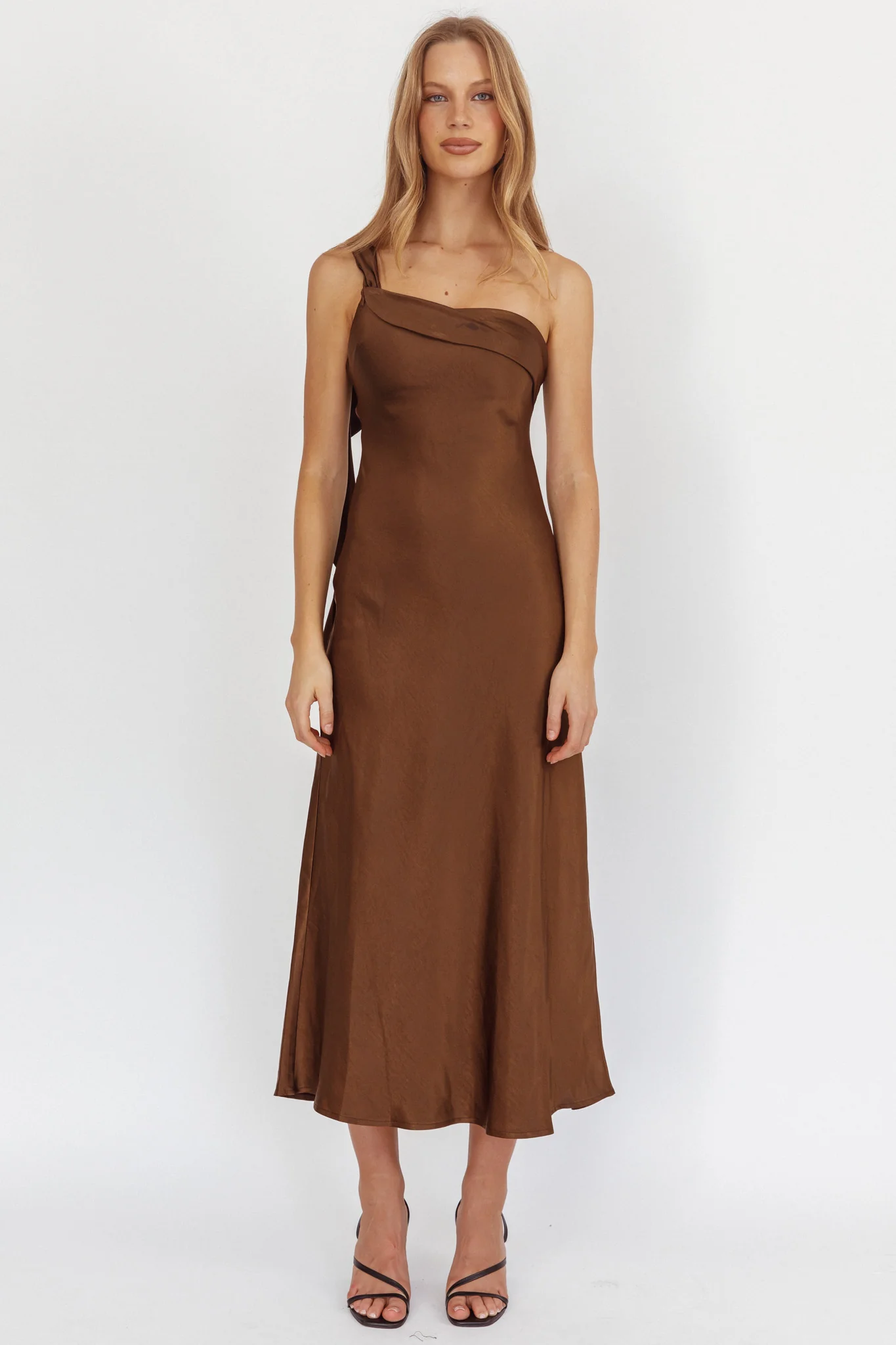 Carmel One-Shoulder Sash Maxi Dress Chocolate