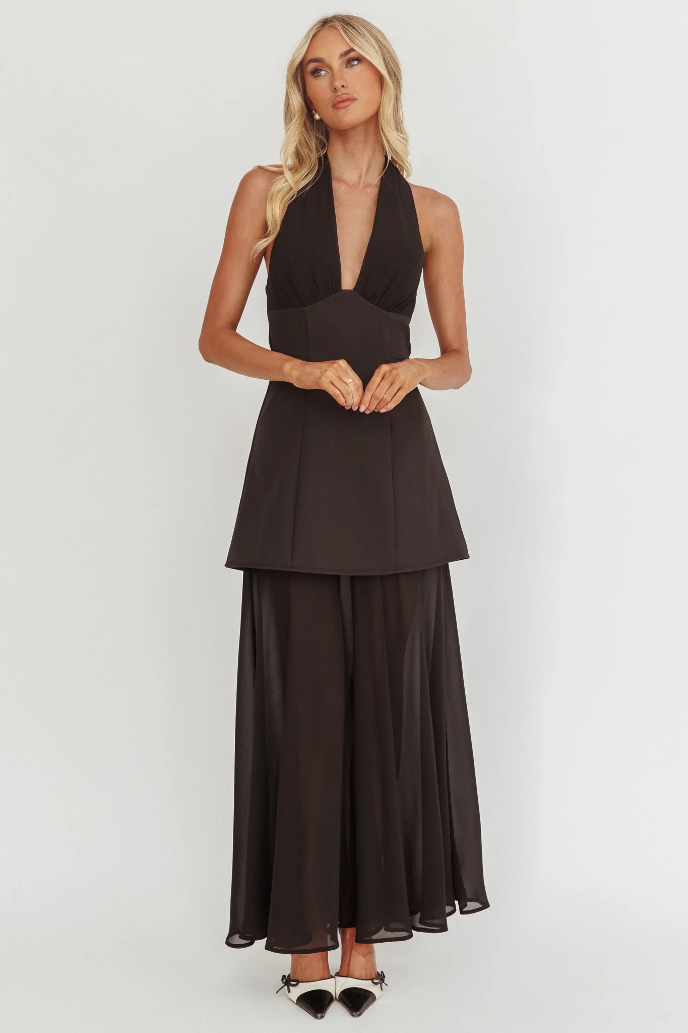 Opulent Halterneck Layered Maxi Dress Black