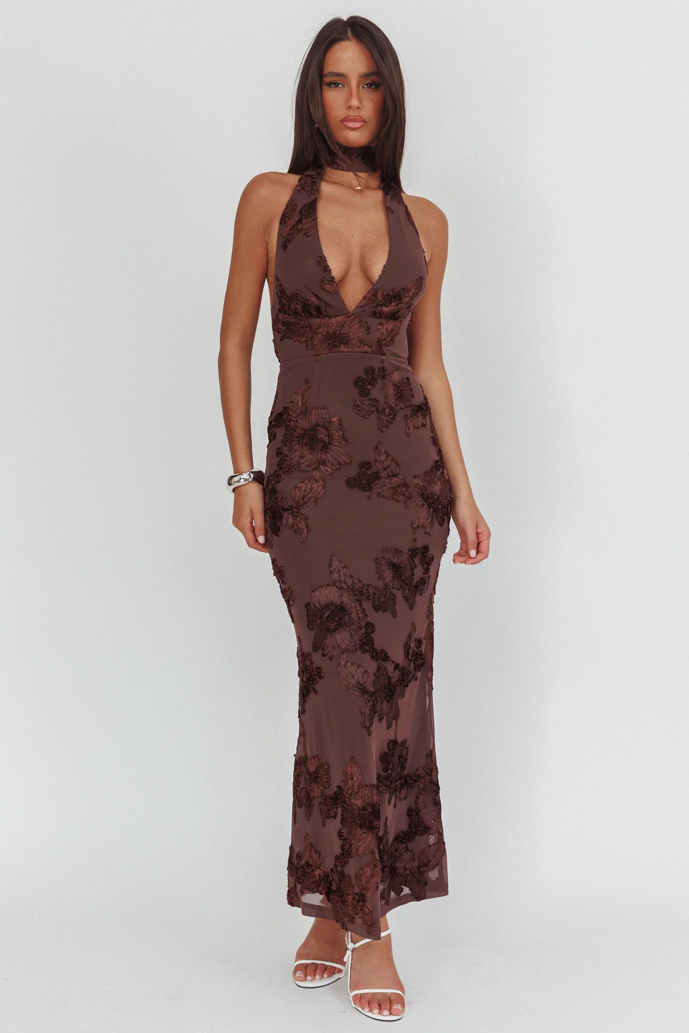 Cipriana Backless Halter Maxi Dress Embellished Brown