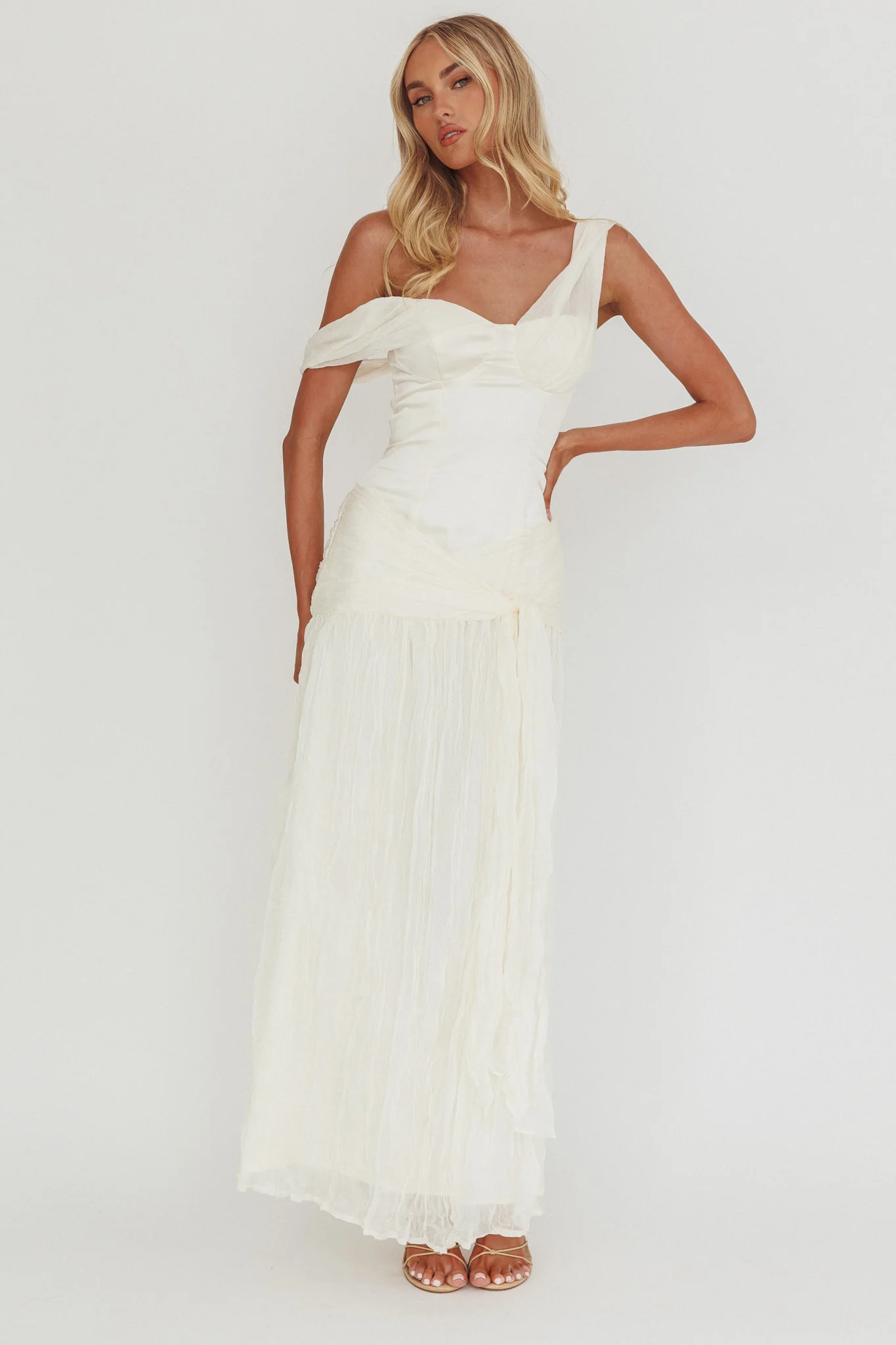 Keia Crepe Chiffon One-Shoulder Maxi Dress Oyster