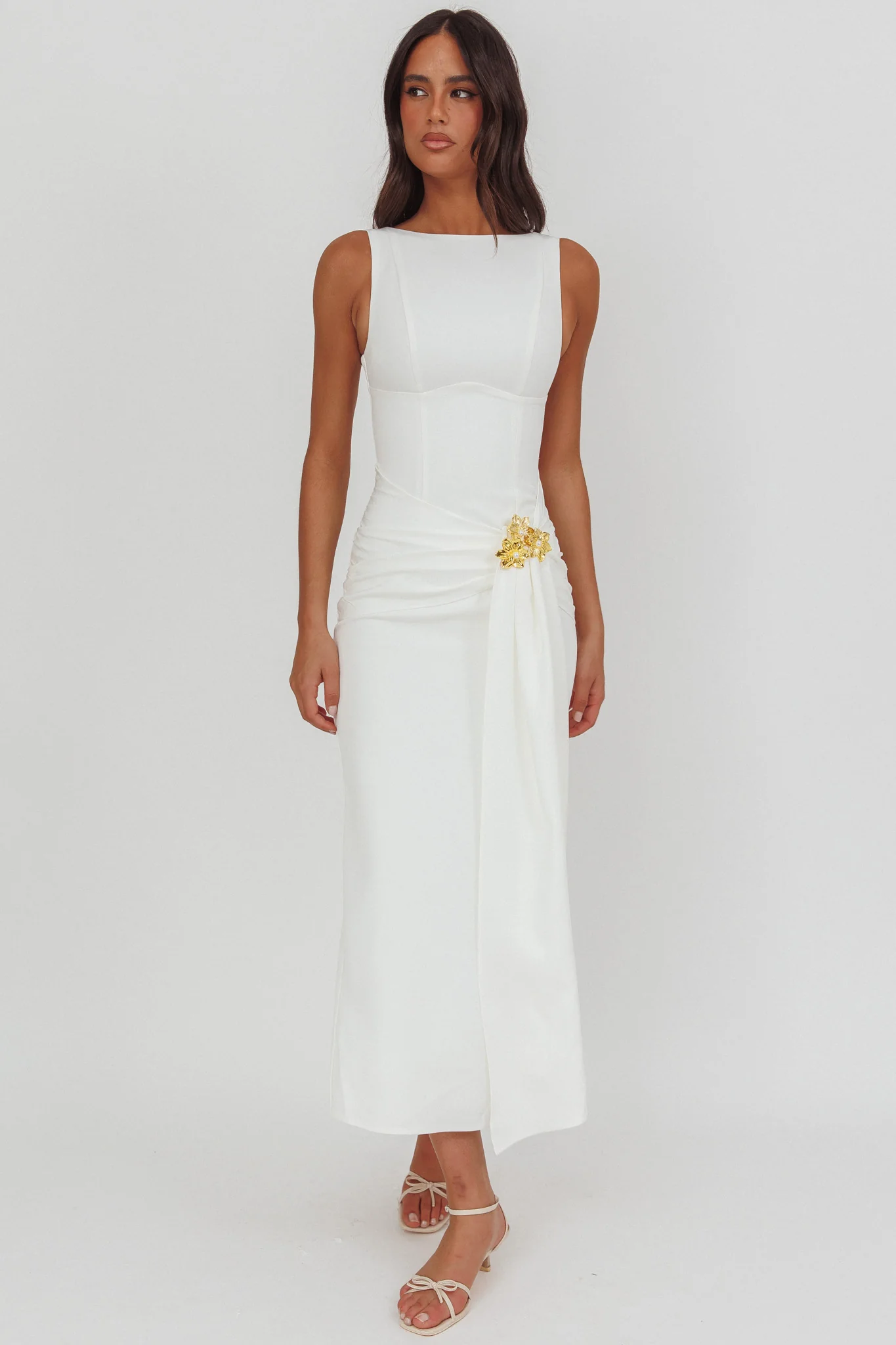 Zimora Gold Buckle Waist Drape Maxi Dress White