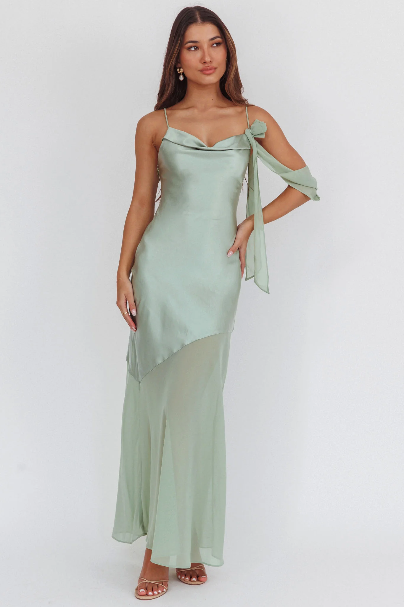 Gilded Dream Shoulder Detail Chiffon Hem Maxi Dress Sage