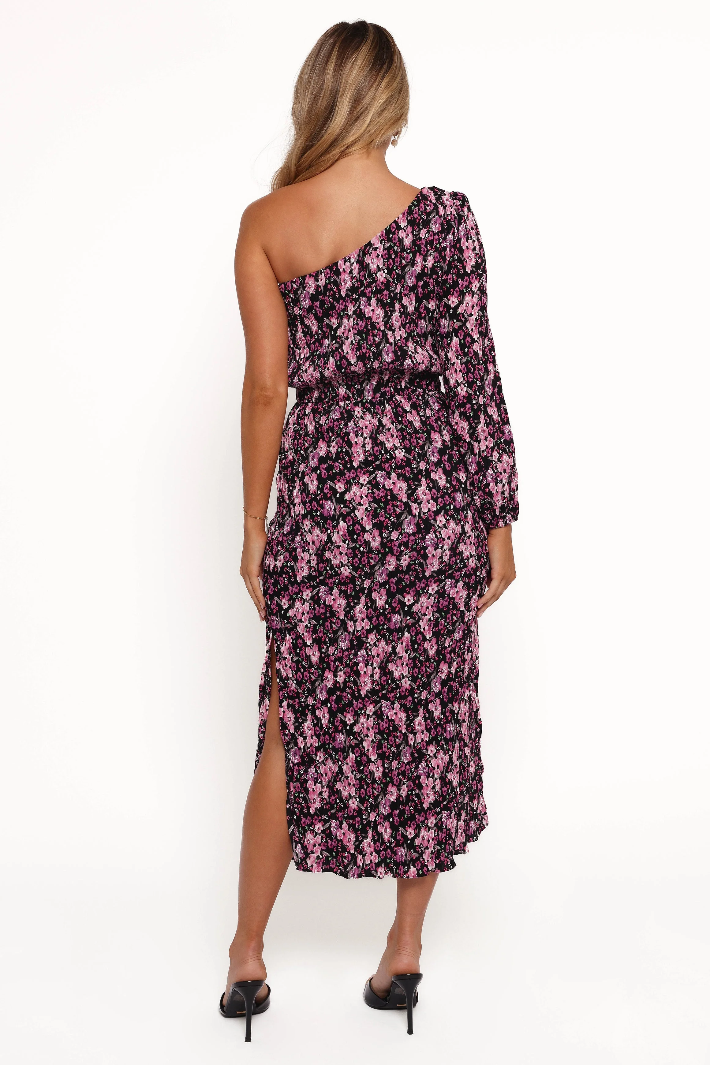 Pontee One Shoulder Pleated Midi Dress - Black/Purple