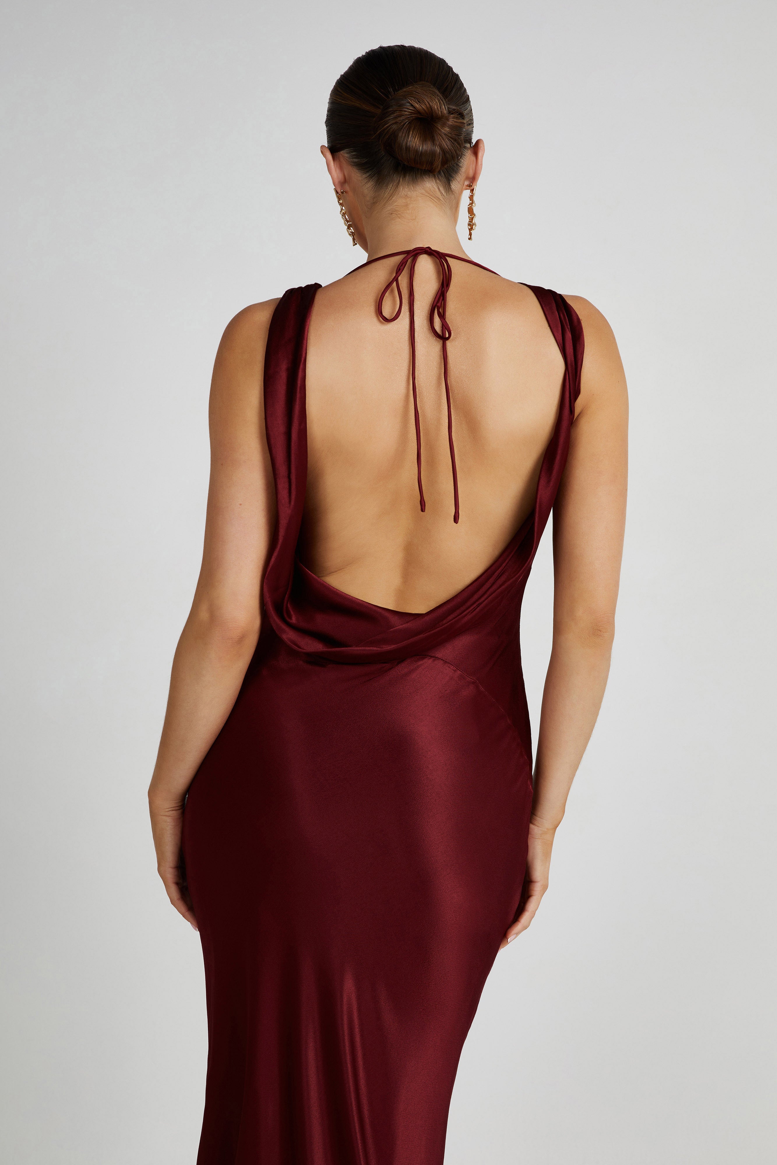 MESHKI Angelique Satin Cowl Back Maxi Dress - Berry