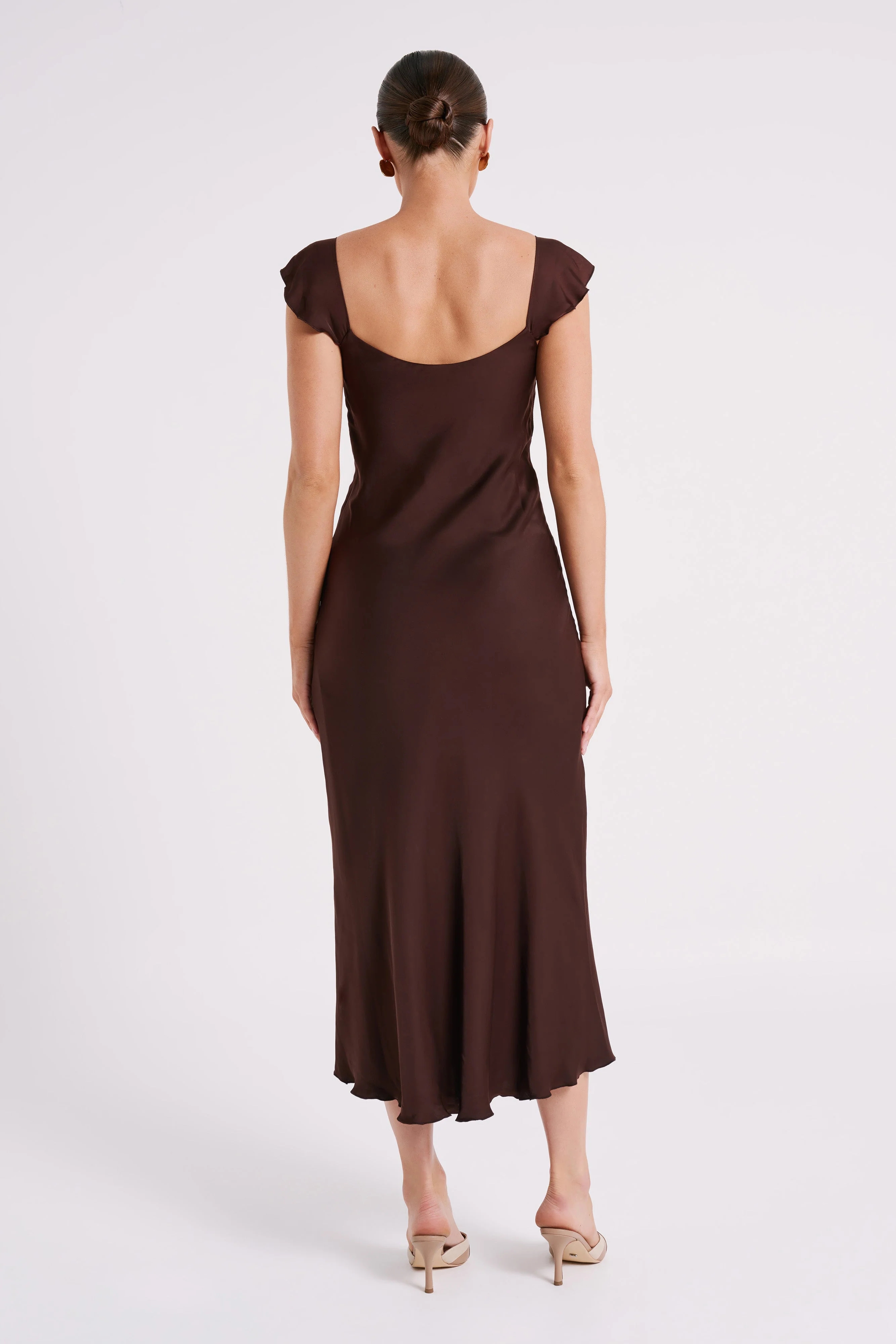 MESHKI Chantal Short Sleeve Satin Midi Dress - Dark Chocolate
