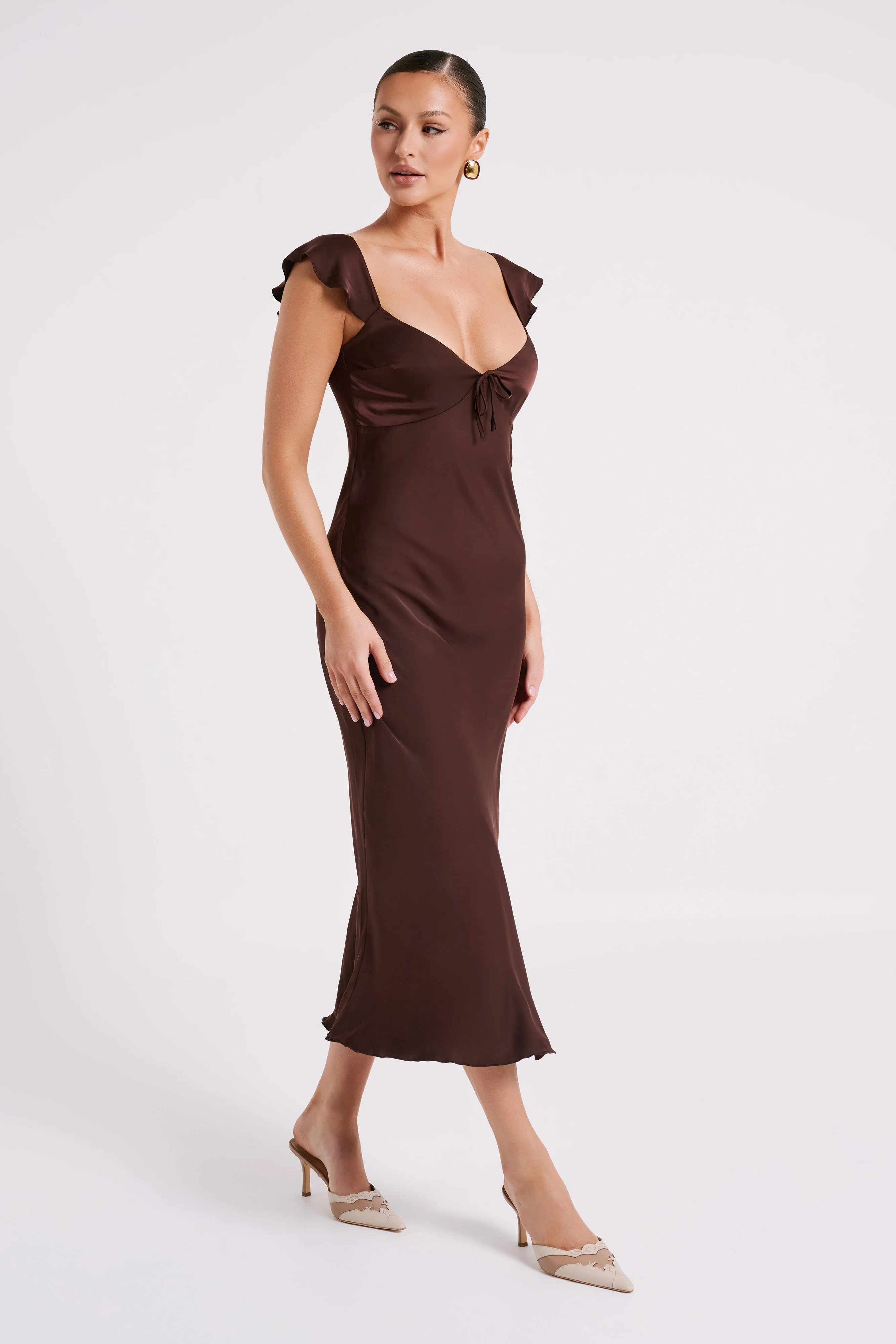 MESHKI Chantal Short Sleeve Satin Midi Dress - Dark Chocolate
