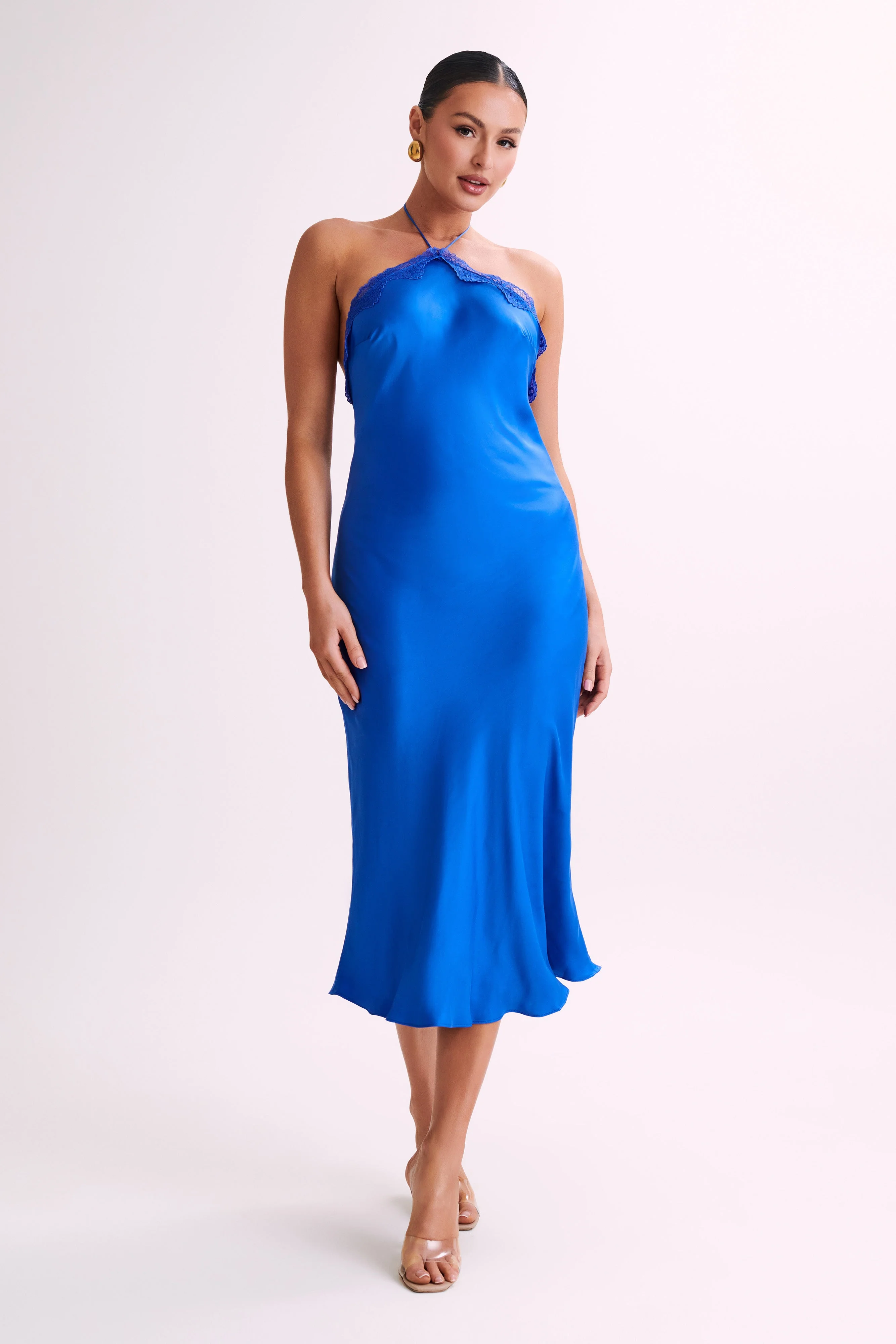 MESHKI Kaya Satin Midi Dress With Lace - Periwinkle