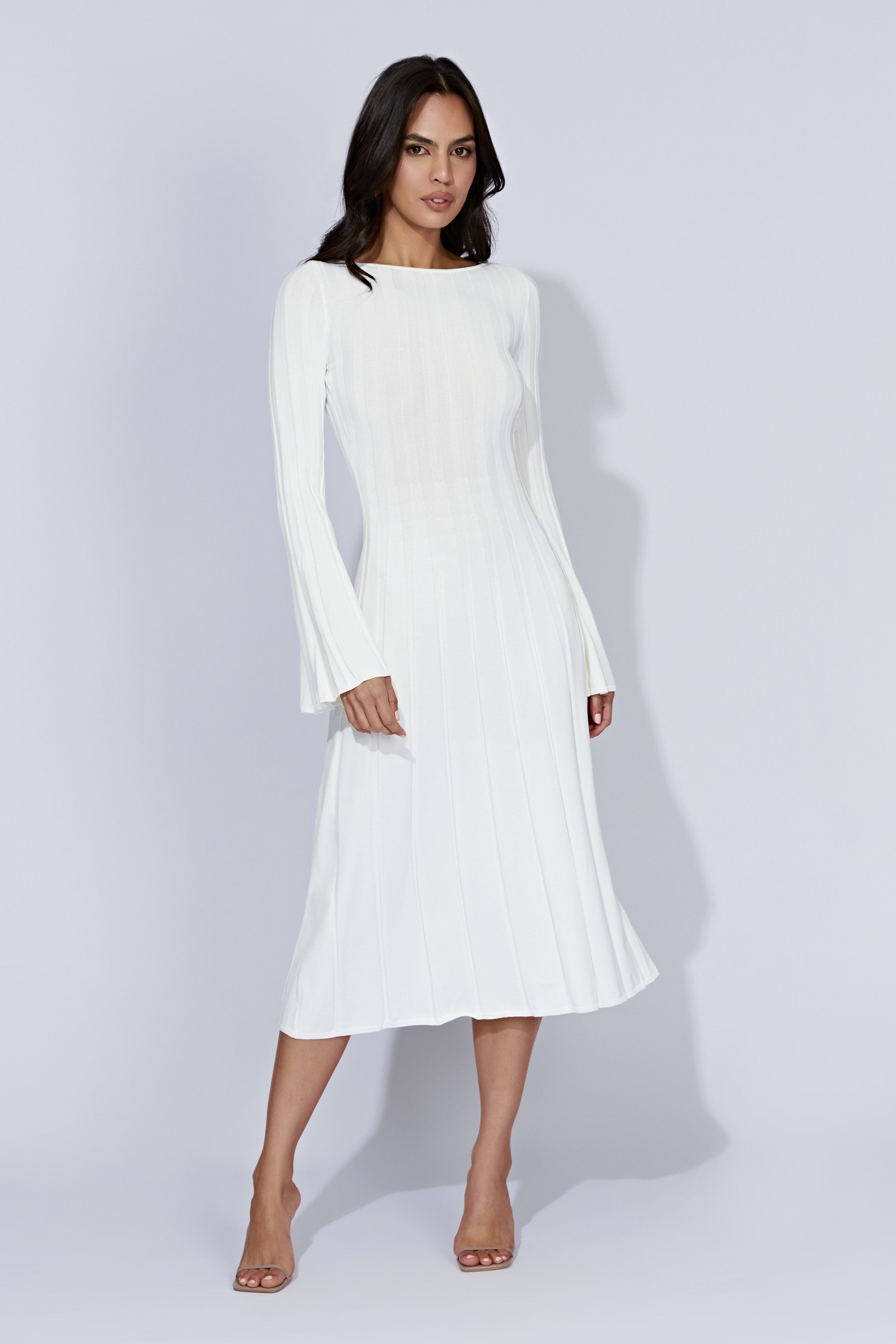 MESHKI Juniper Flare Sleeve Knit Midi Dress - White