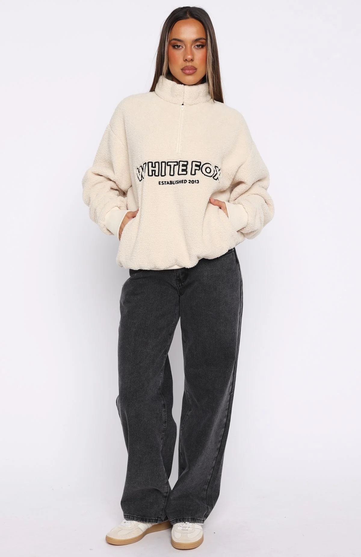 Hard To Stay Focused Teddy Borg Zip Front Sweater Cream