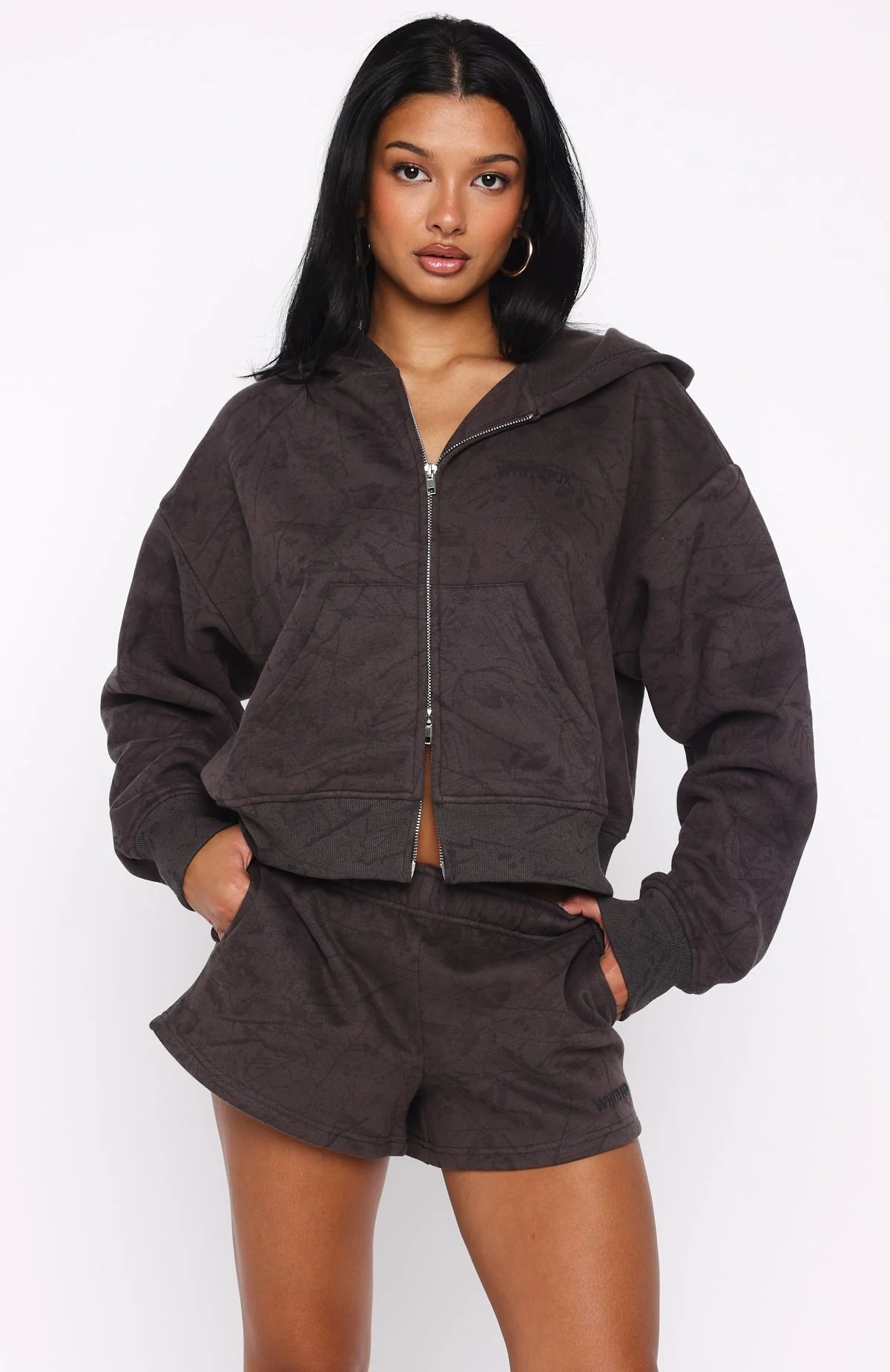 Hiding Away Boxy Zip Front Hoodie Dark Camo