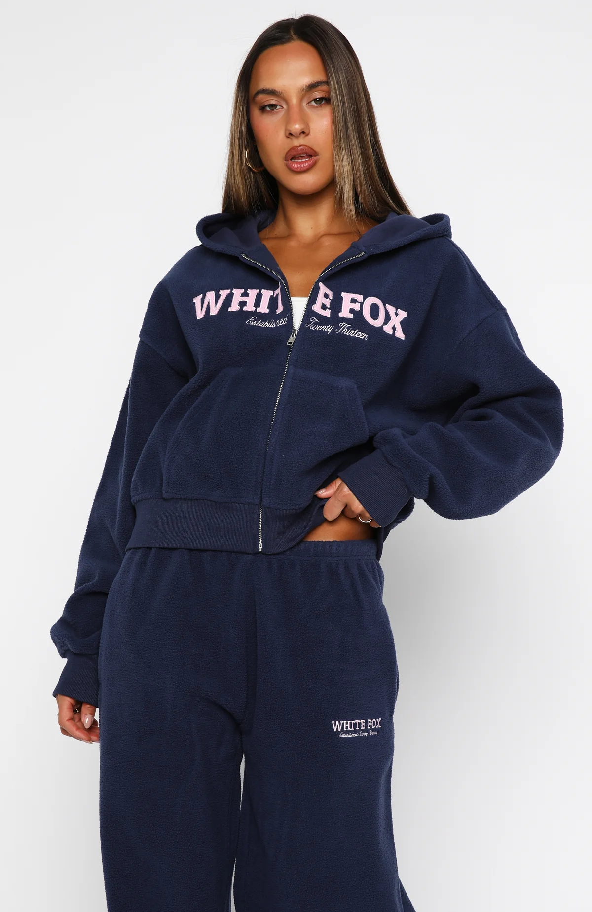 Just For Now Fleece Boxy Zip Front Hoodie Navy