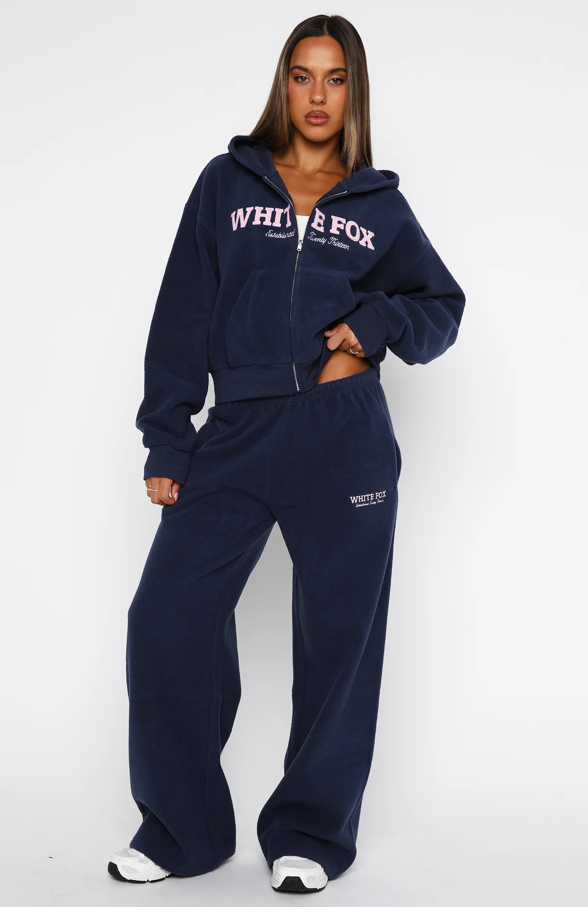 Just For Now Fleece Boxy Zip Front Hoodie Navy