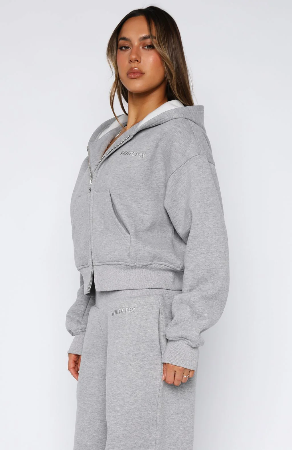 Come A Long Way Boxy Zip Front Hoodie Grey Marle