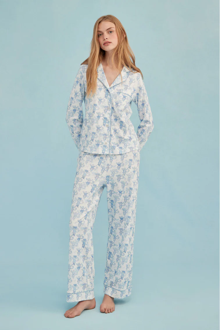 Roller Rabbit x LoveShackFancy Pastiche De Monkey Women's Long Sleeve Polo Pajama