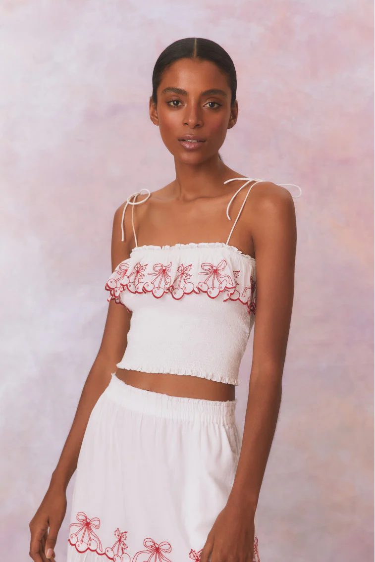 Carletta Cherry Embroidered Smocked Top