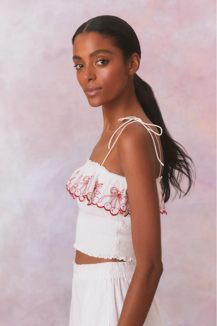 Carletta Cherry Embroidered Smocked Top
