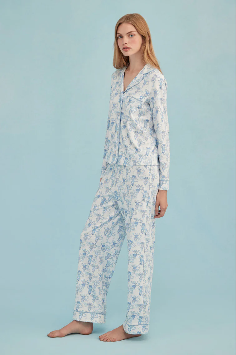 Roller Rabbit x LoveShackFancy Pastiche De Monkey Women's Long Sleeve Polo Pajama
