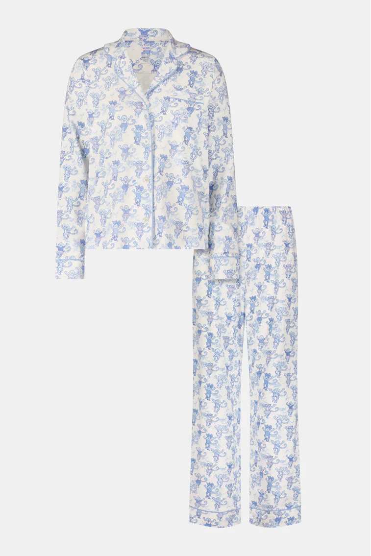 Roller Rabbit x LoveShackFancy Pastiche De Monkey Women's Long Sleeve Polo Pajama