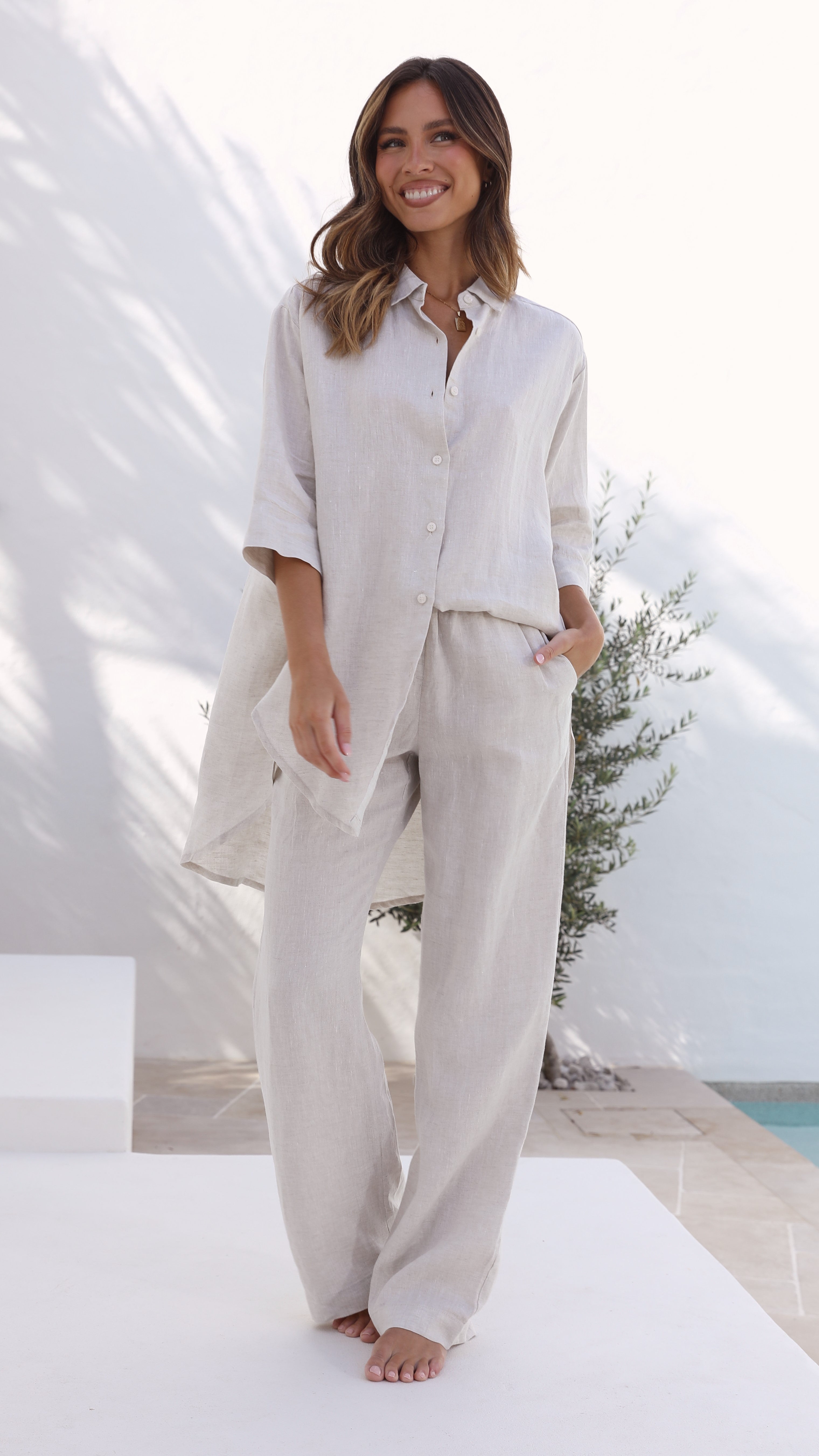Lounge Linen Longline Shirt - Natural