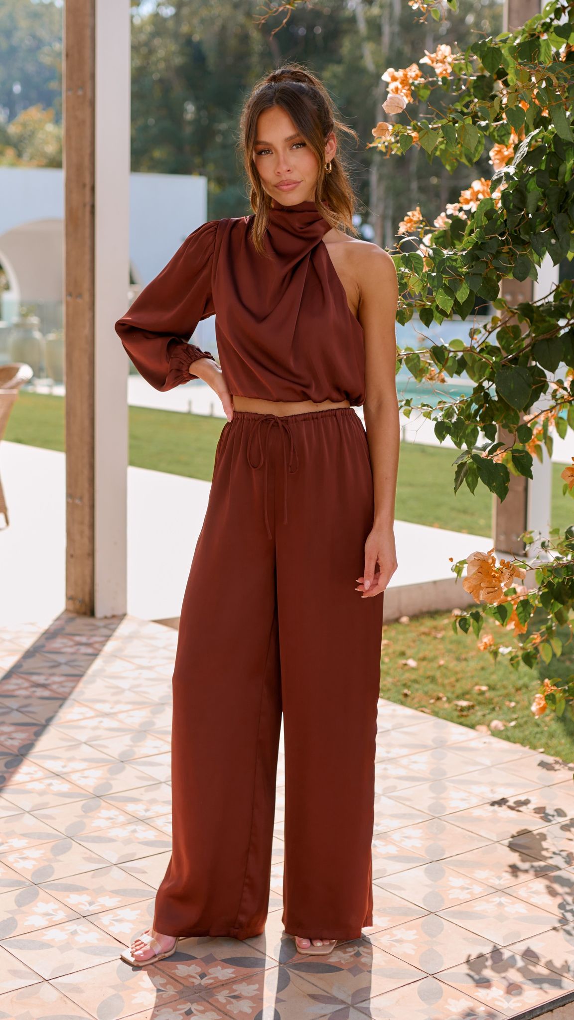 Esther One Shoulder Long Sleeve Top - Brown