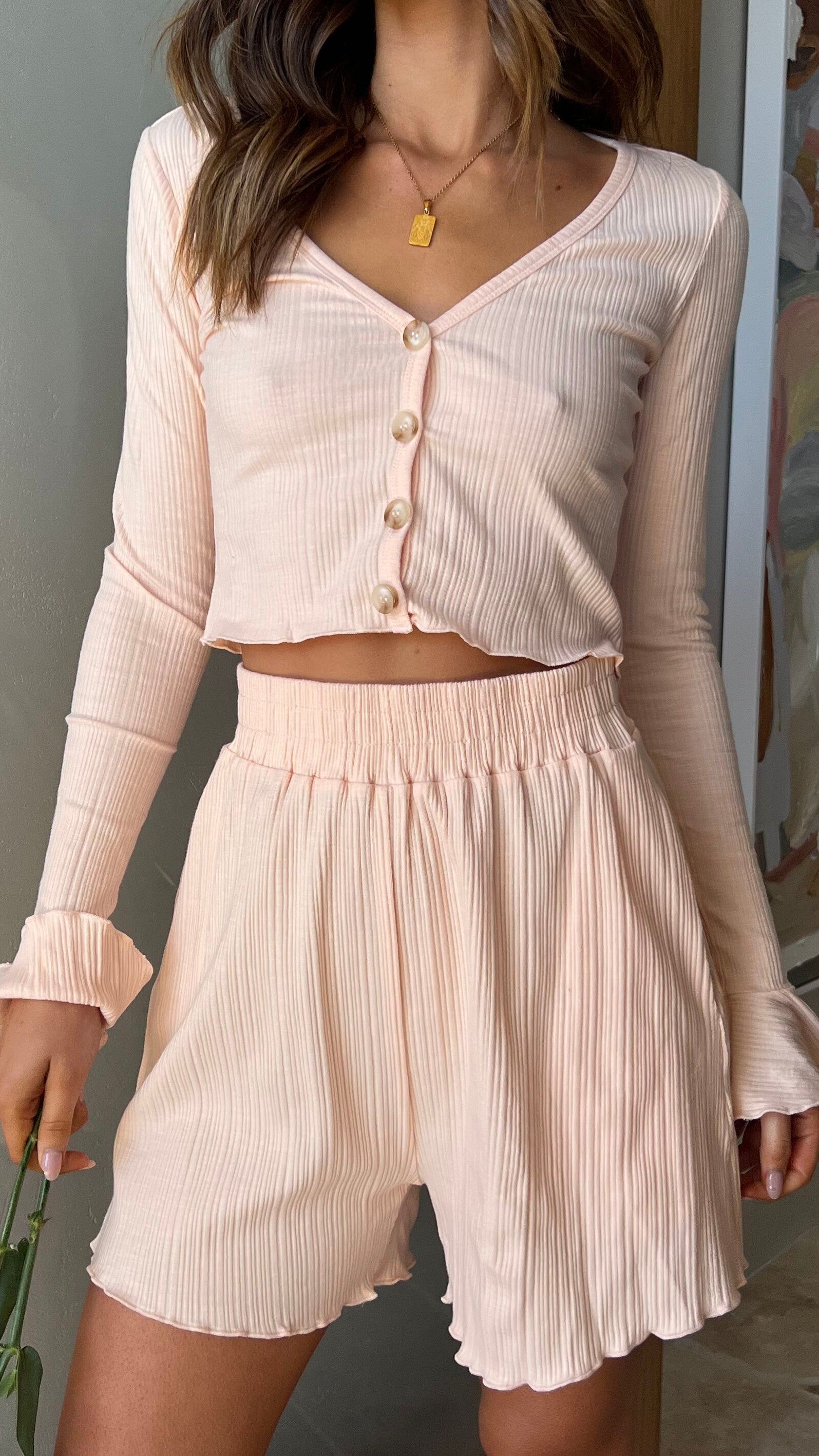 Beverly Button Up Top - Pink Ribbed