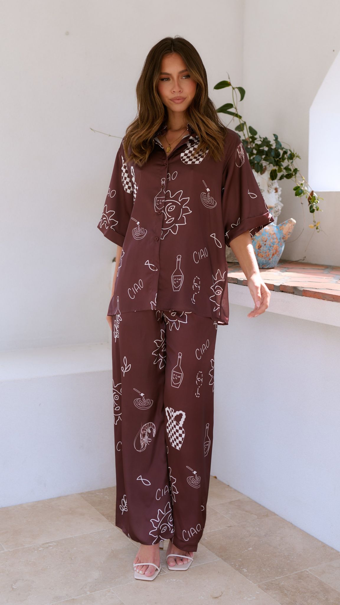 Bailie Shirt and Pants Set - Brown/White