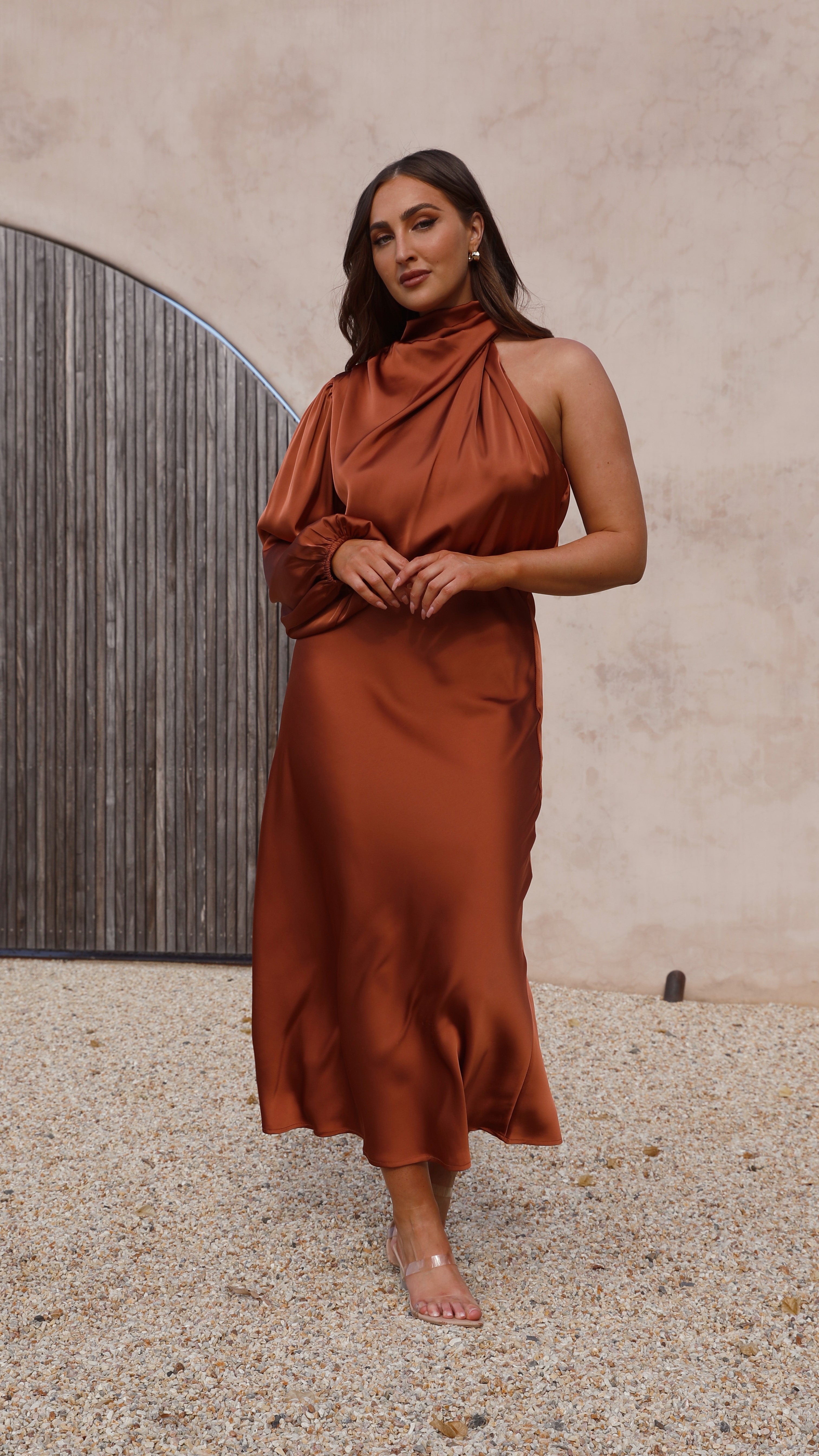 Esther One Shoulder Long Sleeve Dress - Copper - lelonys