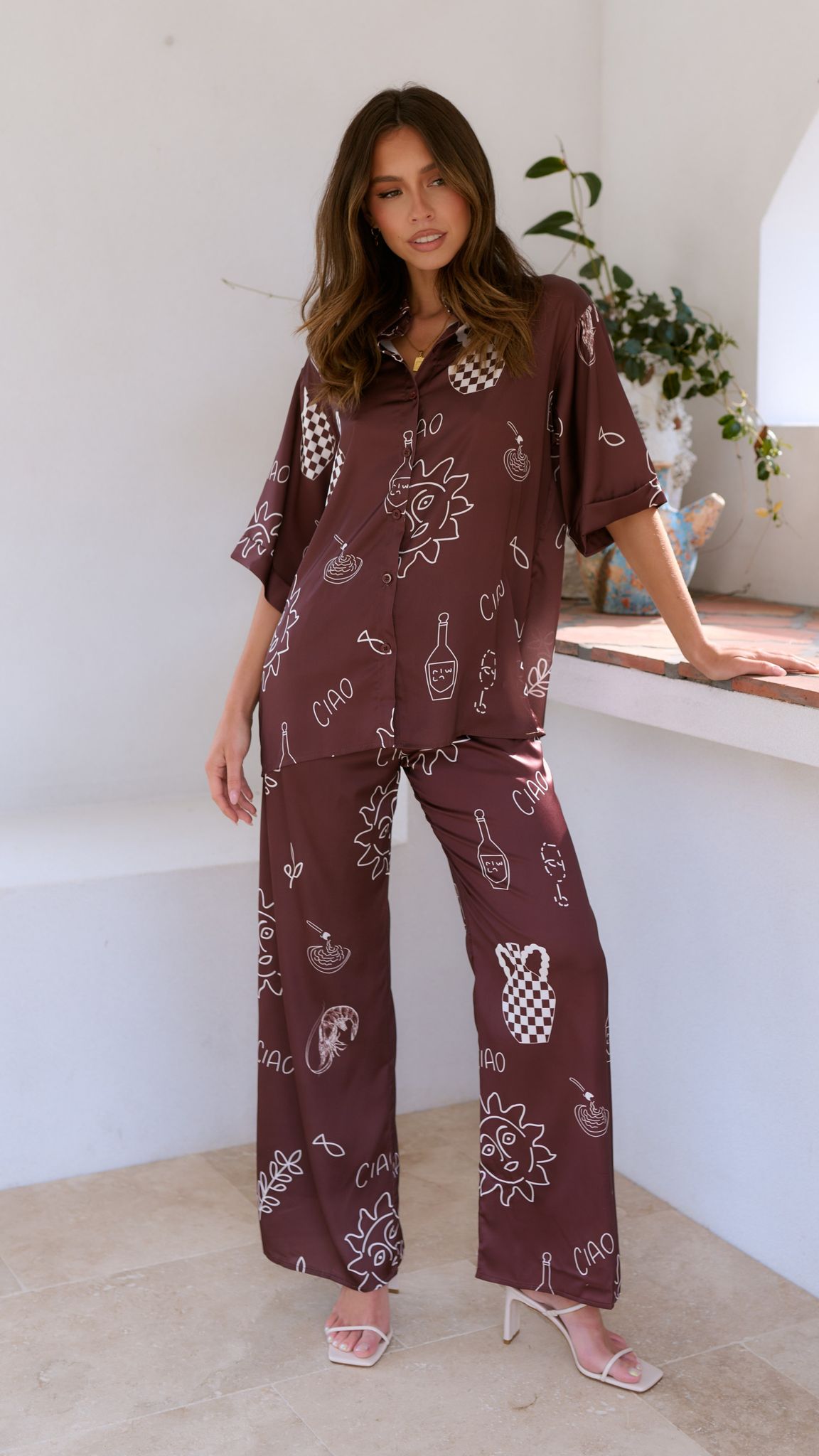 Bailie Shirt and Pants Set - Brown/White