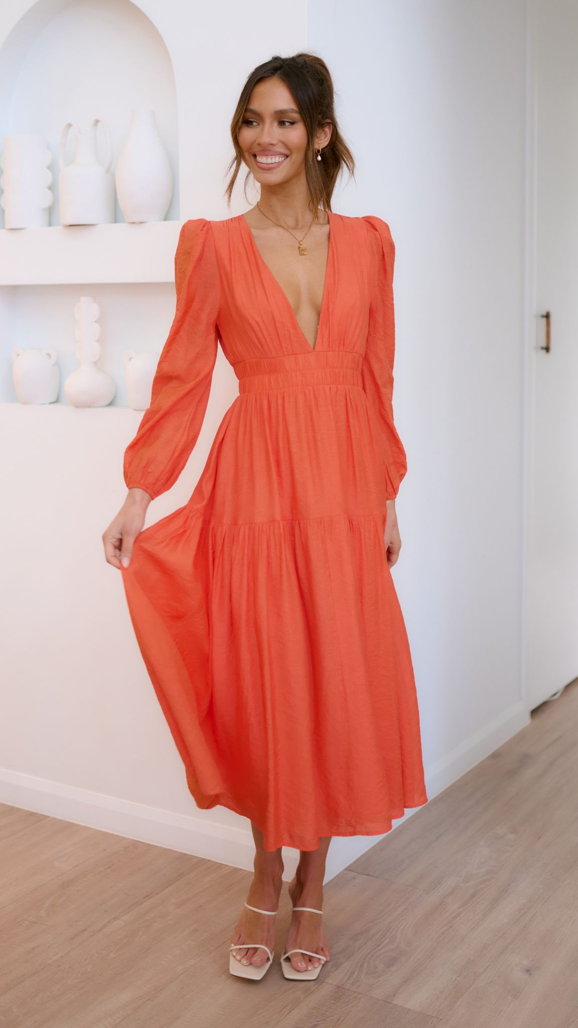 Erin Long Sleeve Midi Dress - Melon