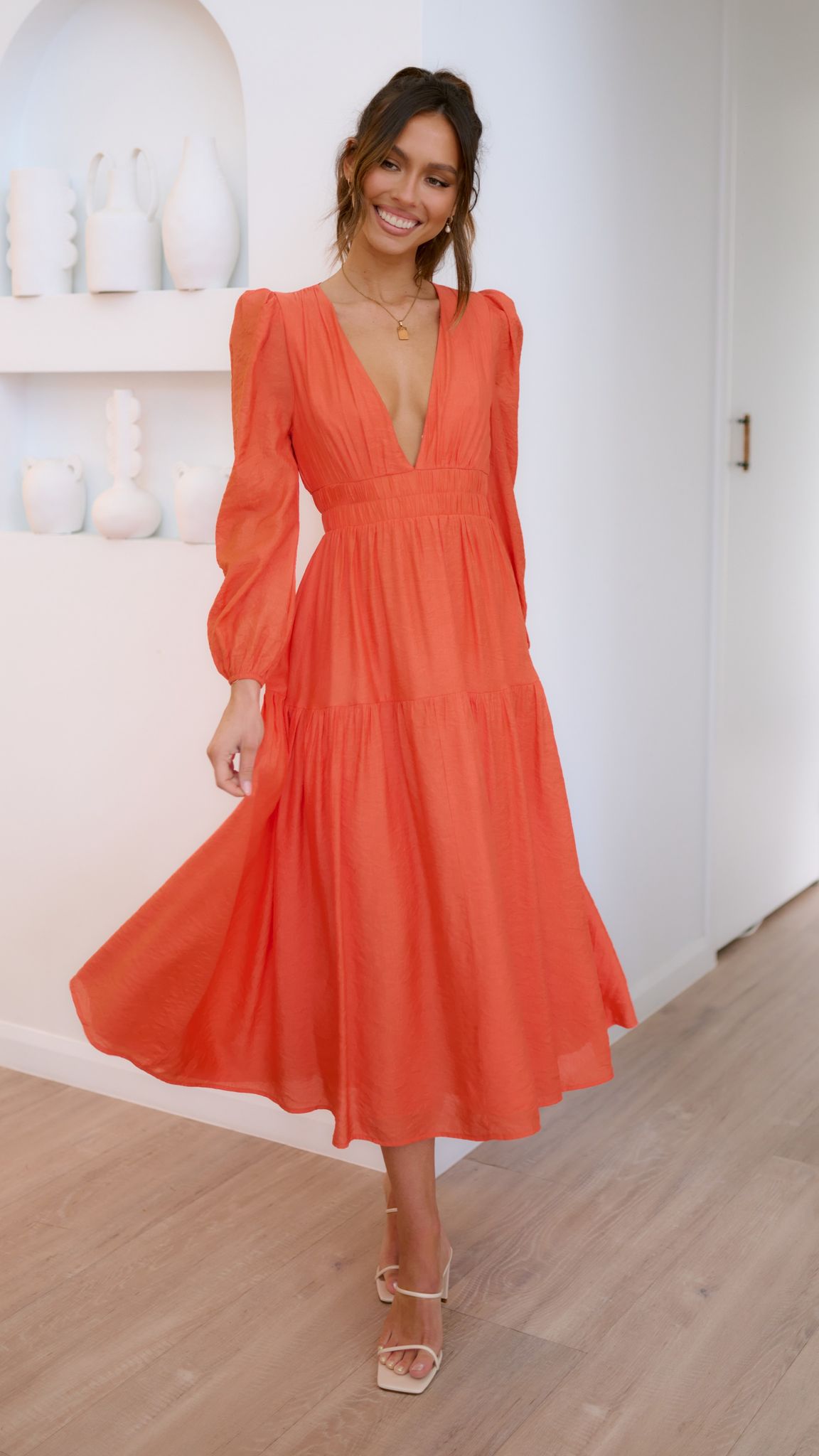 Erin Long Sleeve Midi Dress - Melon