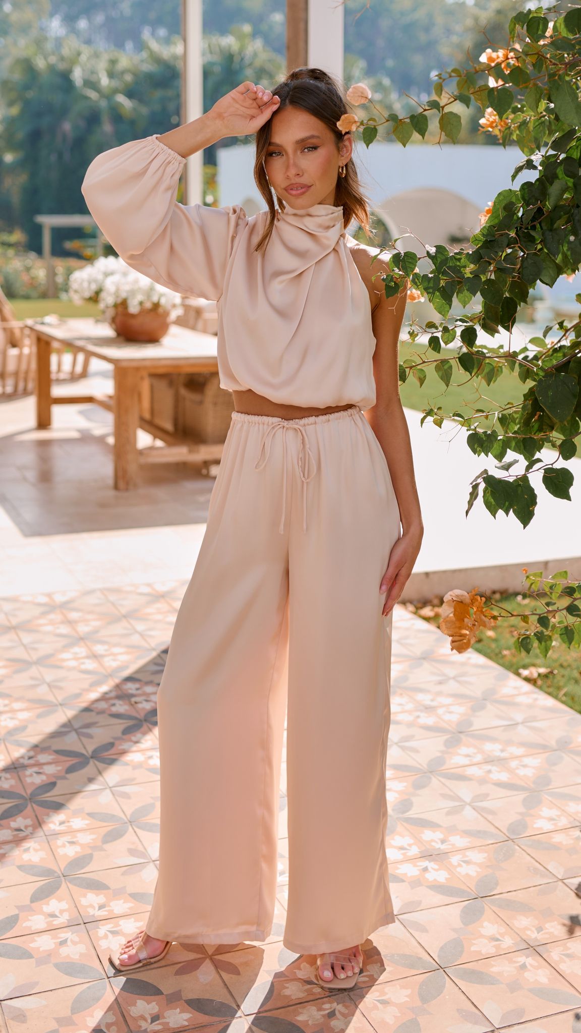 Esther One Shoulder Long Sleeve Top - Champagne