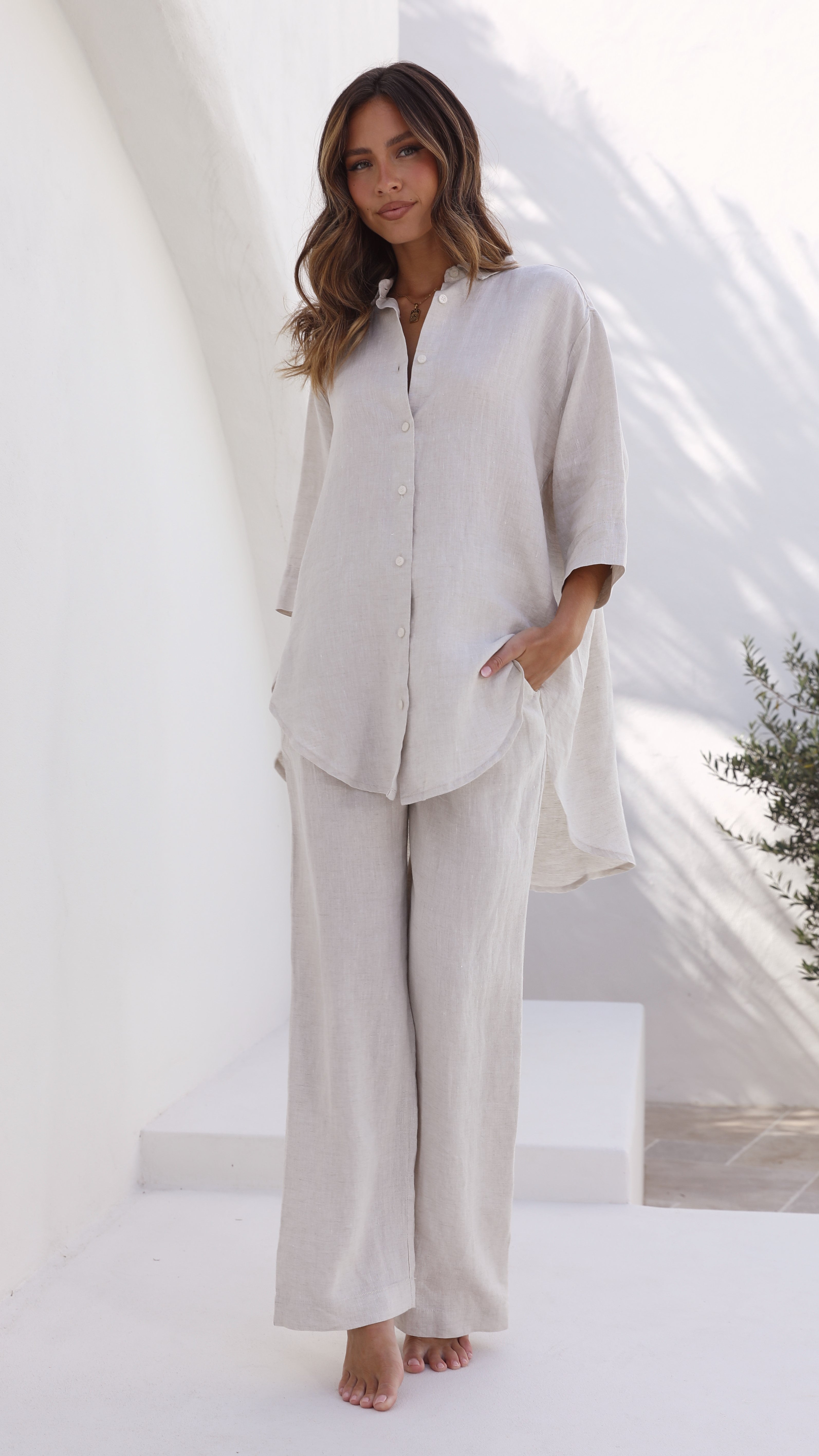 Lounge Linen Longline Shirt - Natural