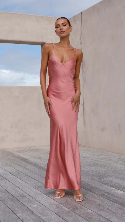 baked rose bridesmaid dresses Cowl Neck Baked Rose Satin Bridesmaid Dress – PollyBoutique