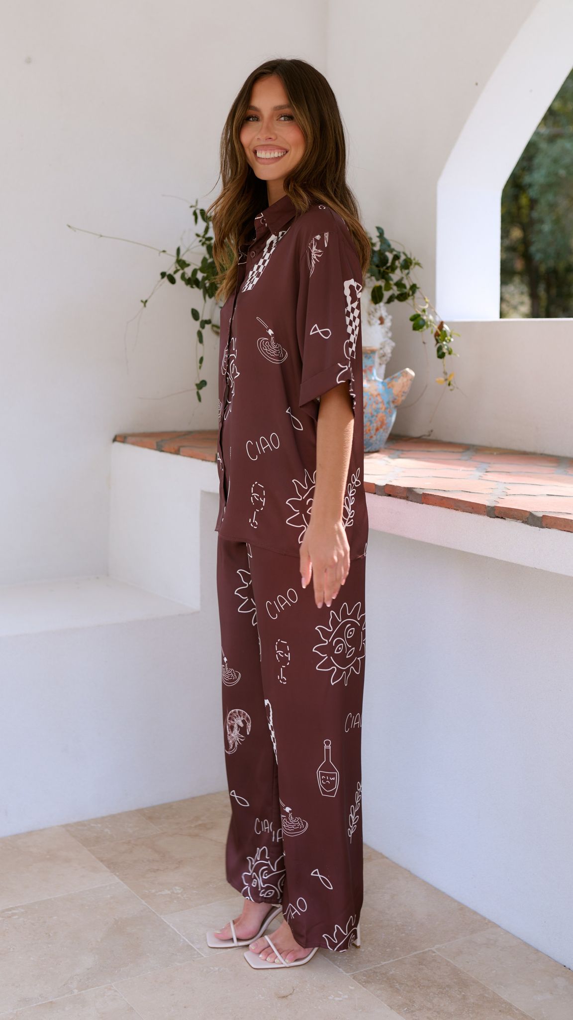 Bailie Shirt and Pants Set - Brown/White
