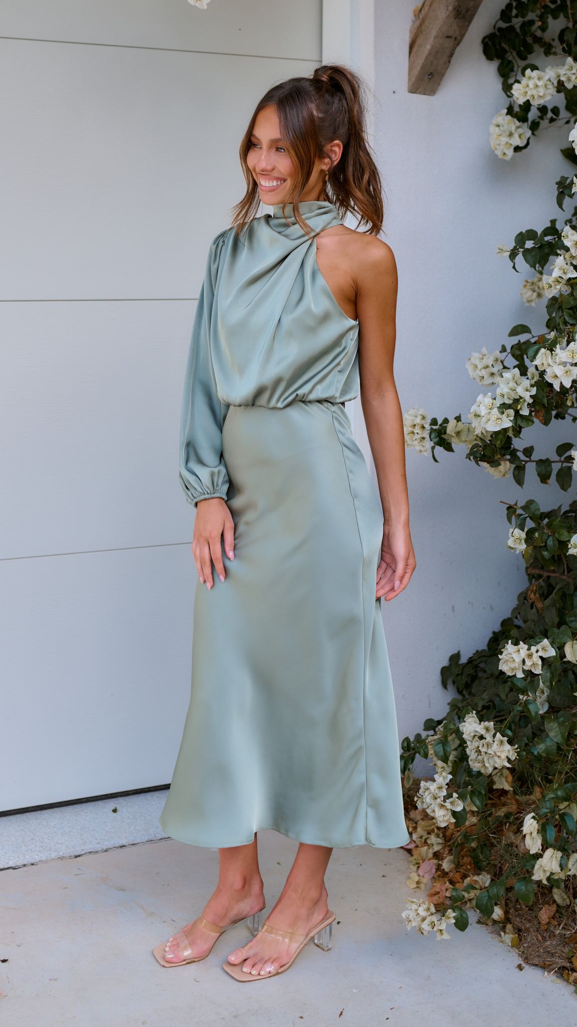 Esther One Shoulder Long Sleeve Dress - Green